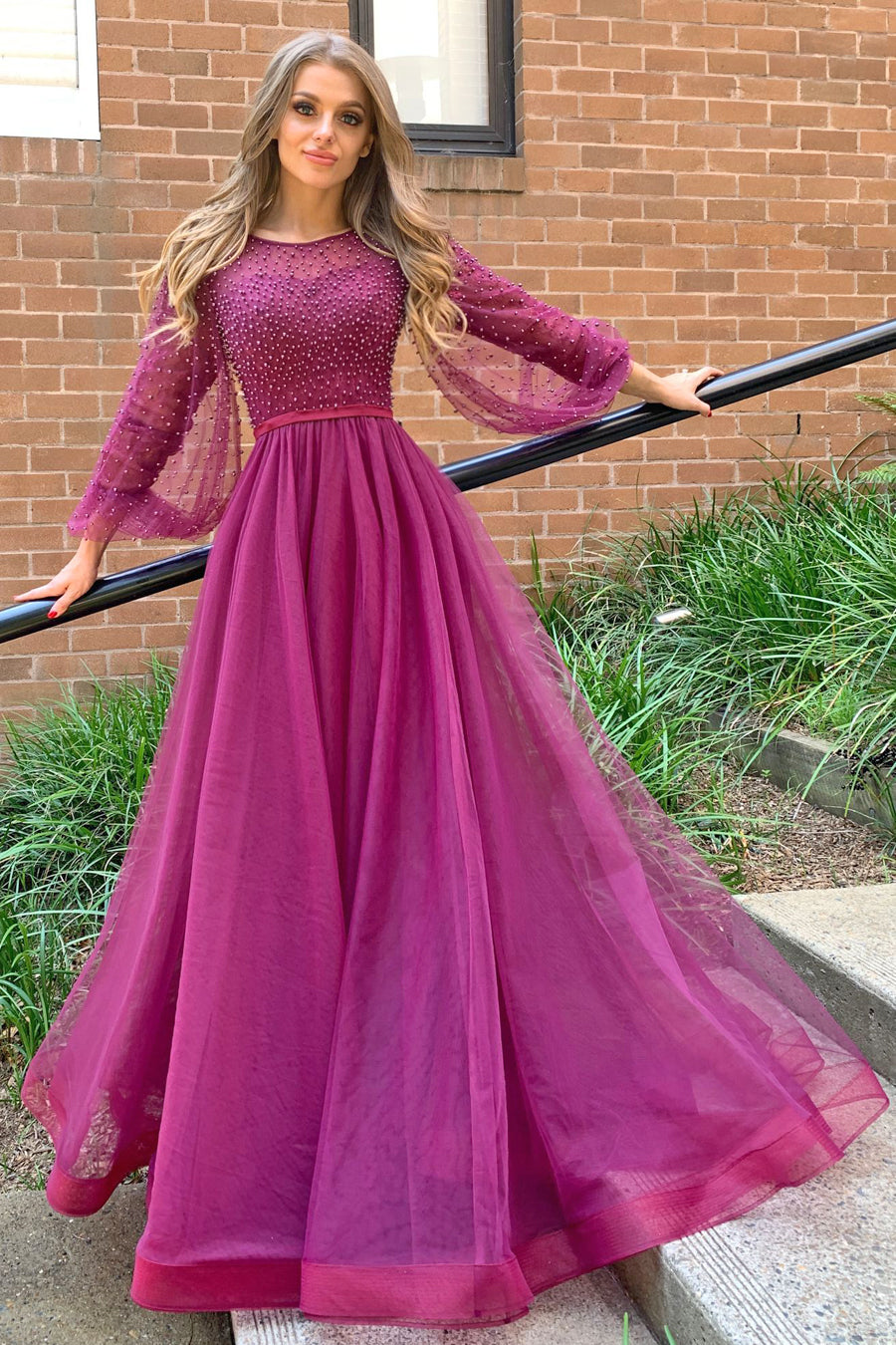 Tina Holly Couture BA204 Plum Beaded Pearls &amp; Lace Long Sleeve Formal Dress {vendor} AfterPay Humm ZipPay LayBuy Sezzle