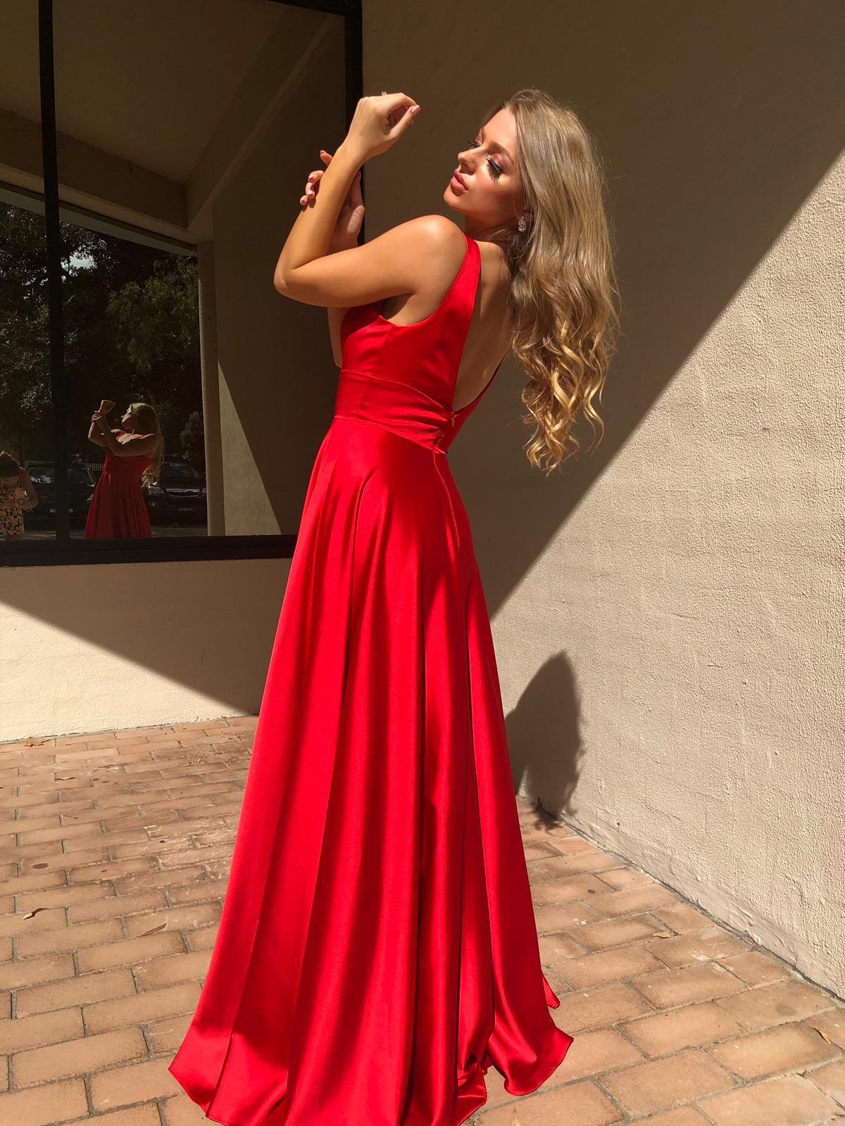 Tinaholy Couture Designer BA269 Red Satin Formal Dress Tina Holly Couture$ AfterPay Humm ZipPay LayBuy Sezzle