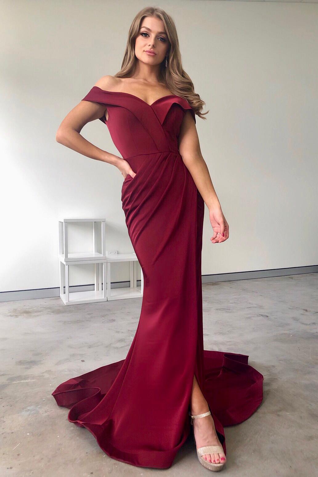 Tinaholy Couture BA306 Wine French Satin Off Shoulder Mermaid Dress Tina Holly Couture$ AfterPay Humm ZipPay LayBuy Sezzle
