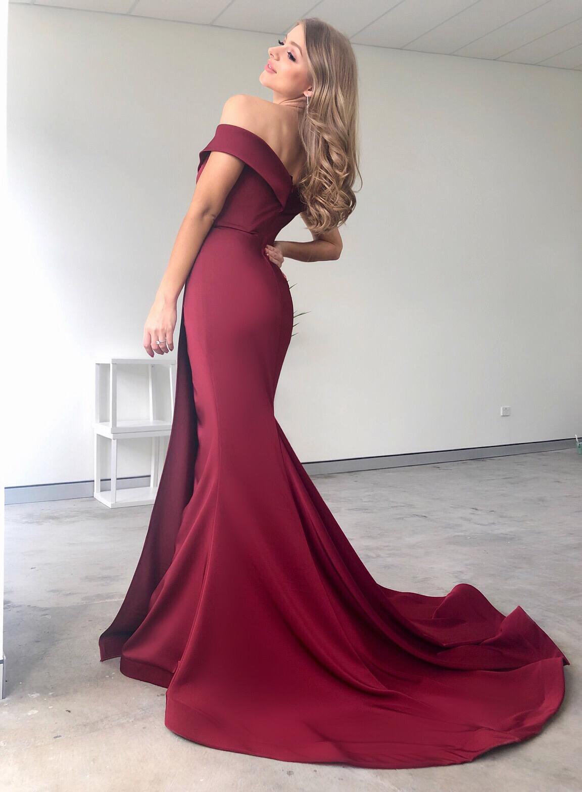 Tinaholy Couture BA306 Wine French Satin Off Shoulder Mermaid Dress Tina Holly Couture$ AfterPay Humm ZipPay LayBuy Sezzle