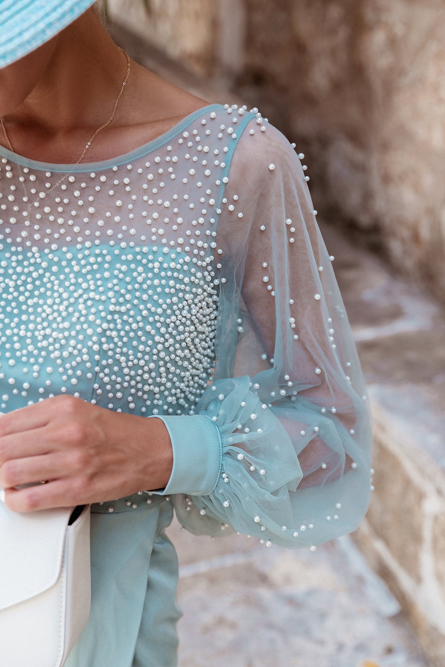 Tina Holly Couture BA356 Sage Crepe Pearl Long Sleeve Midi Dress