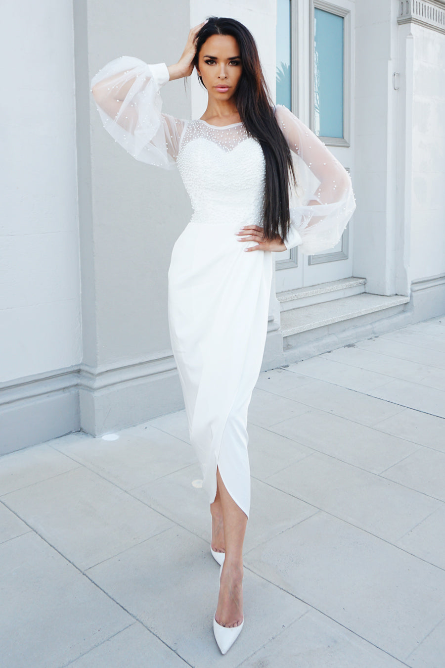 Tina Holly Couture Designer BA356 White Pearl Long Sleeve Midi Dress {vendor} AfterPay Humm ZipPay LayBuy Sezzle