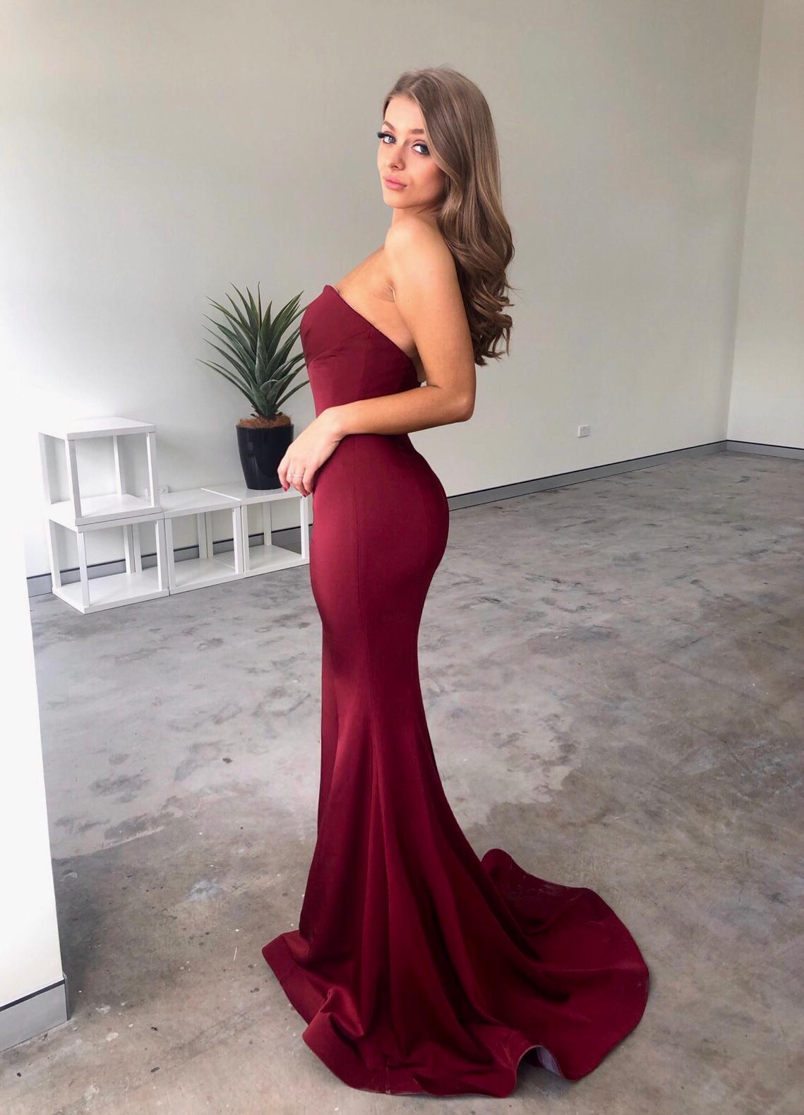 Tina Holly Couture Designer BA651 Burgundy Satin Strapless Mermaid Formal Dress Tina Holly Couture$ AfterPay Humm ZipPay LayBuy Sezzle