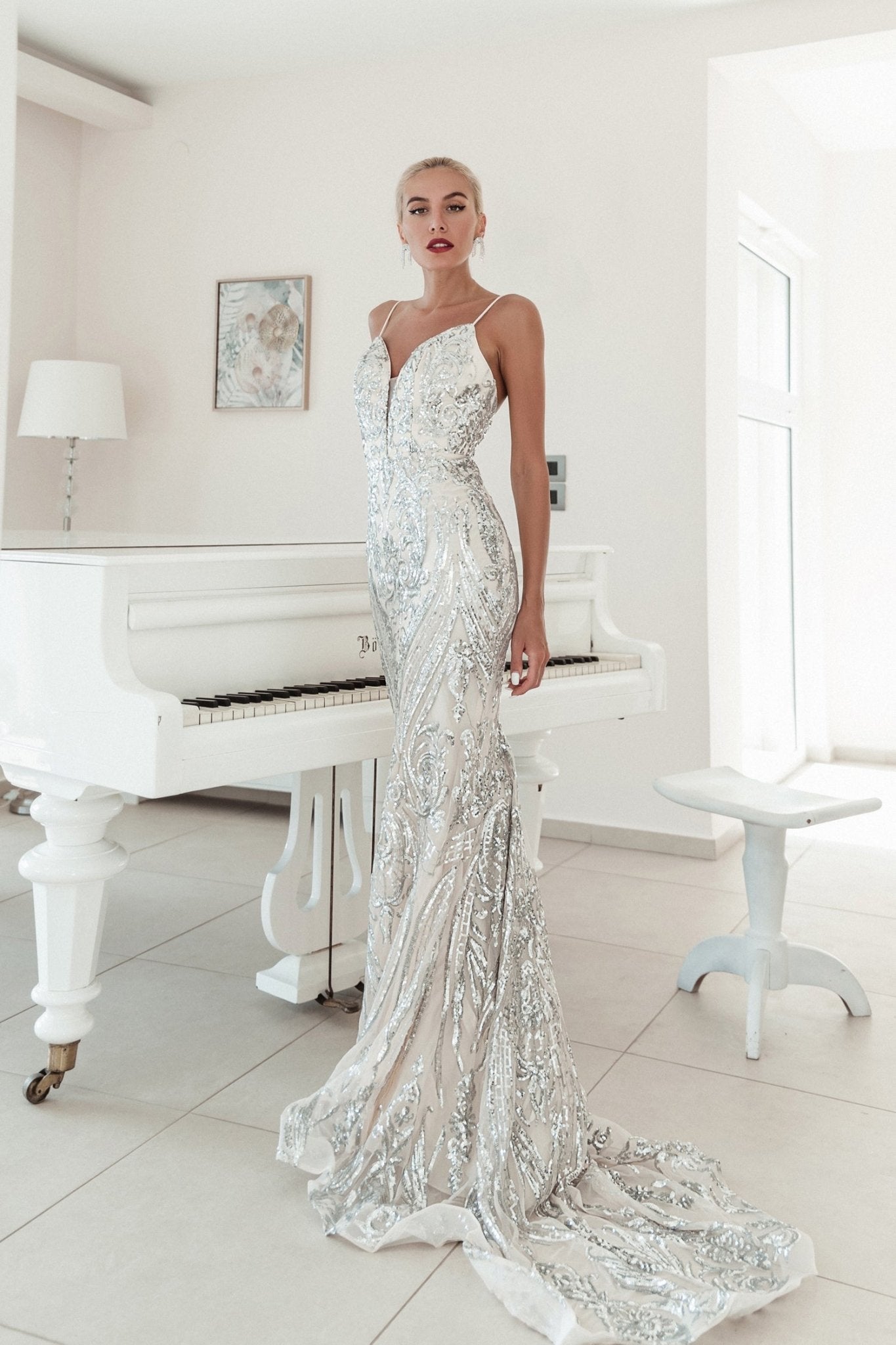 Tina Holly Couture BA666 Silver Sequin Overlay With A Deep V Neckline Mermaid Formal Dress in Australia | One Honey Boutique