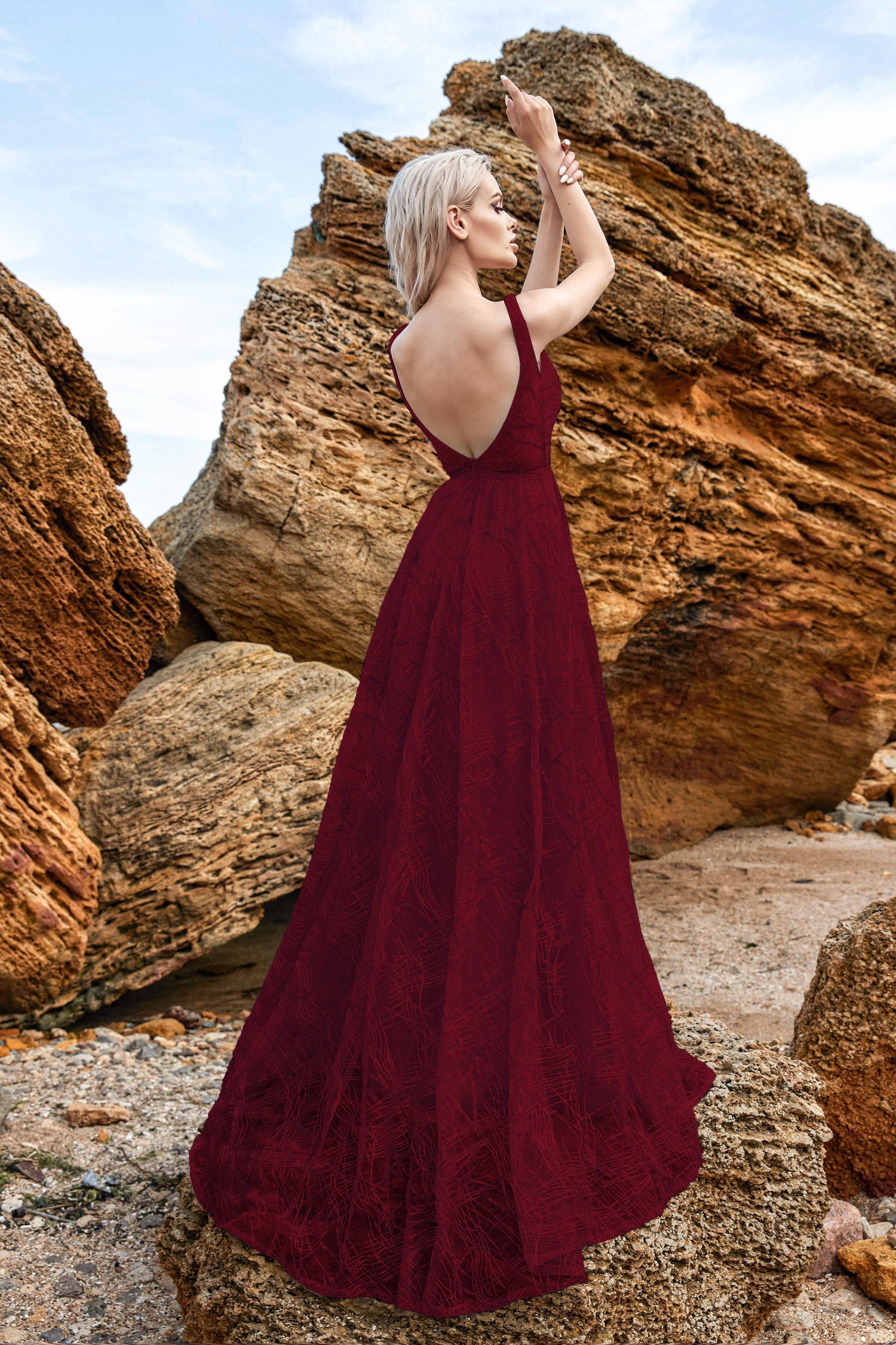 Tina Holly Couture BB003 Wine Plunge Neckline And Open Low Back A-Line Formal Dress