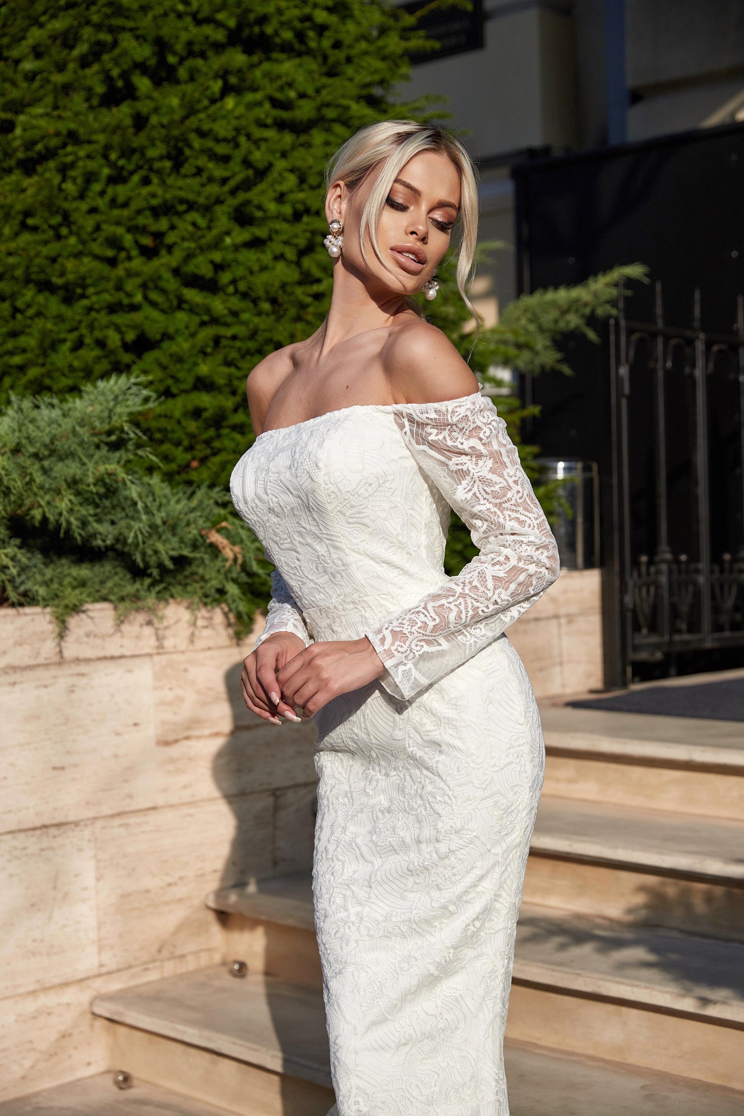 Tina Holly Couture BB007 White & White Mermaid Off The Shoulder With Lace Long Sleeves Wedding Dress