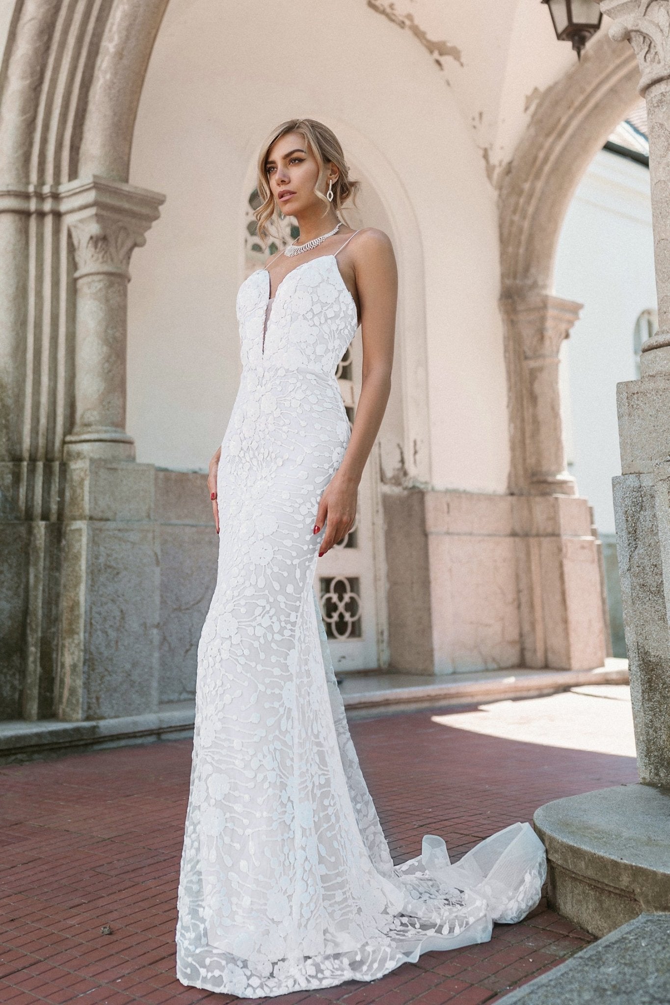 Tina Holly Couture BB008 White & White Floral Lace Fitted Wedding Dress in Australia | One Honey Boutique