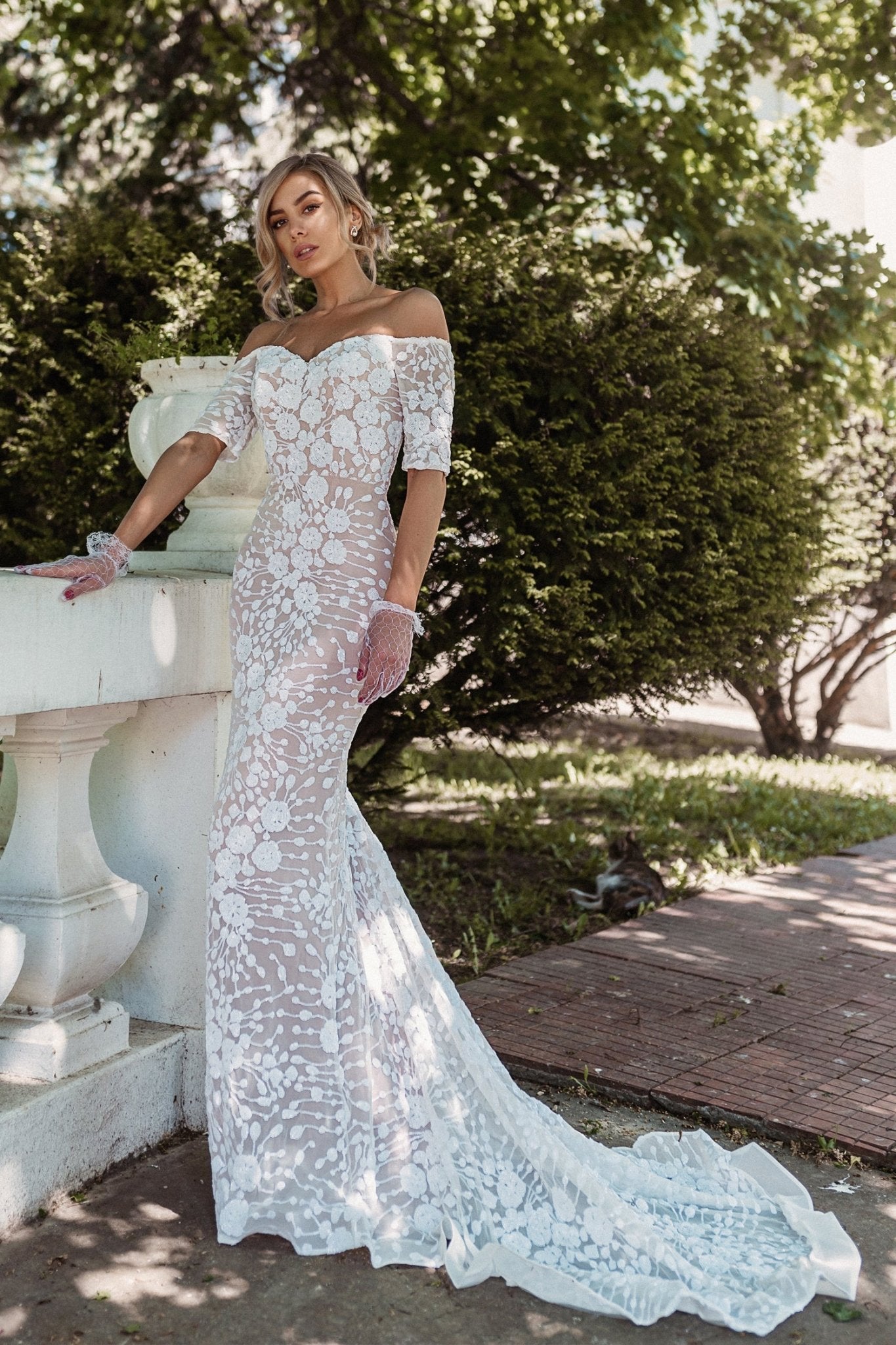 Tina Holly Couture BB009 White & Ivory Off The Shoulder Floral Lace Overlay Wedding Dress in Australia | One Honey Boutique