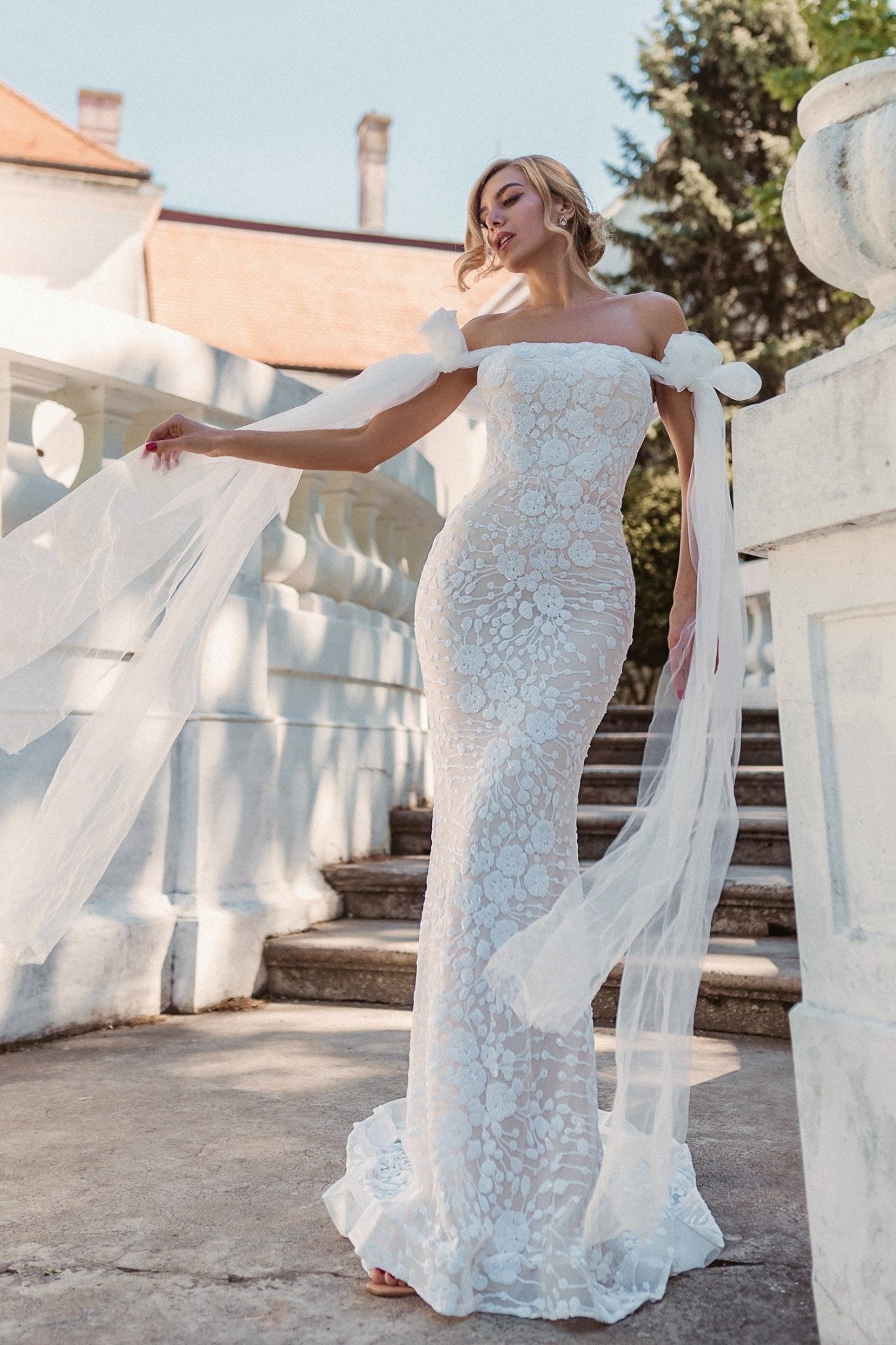 Tina Holly Couture BB010 White & Ivory Rose Embroidered Bodice With Tulle Bow Shoulder Wedding Dress in Australia | One Honey Boutique