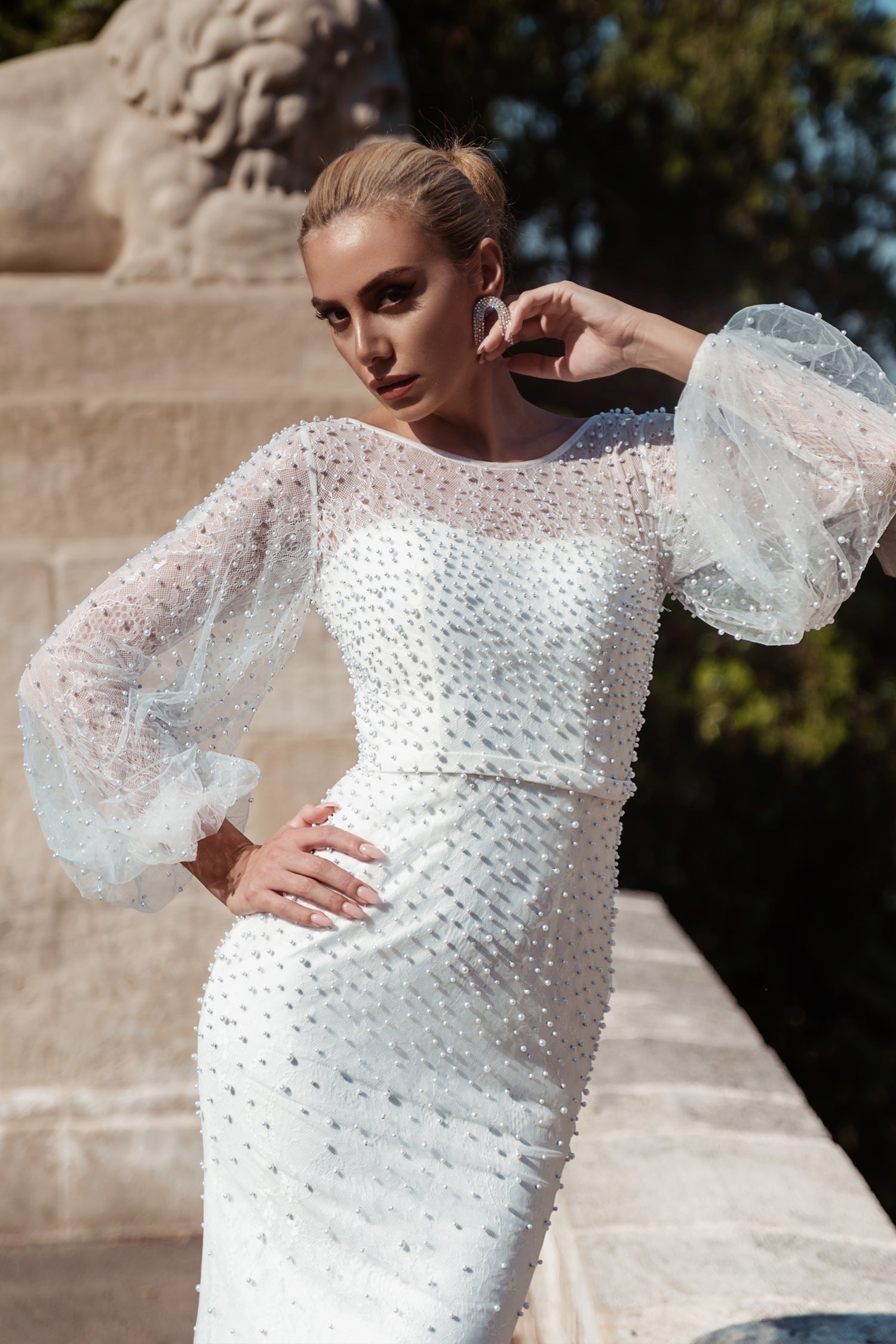 Tina Holly Couture BB016 Off White Mermaid Fitted With Pearls, Sheer Long Sleeves Wedding Dress