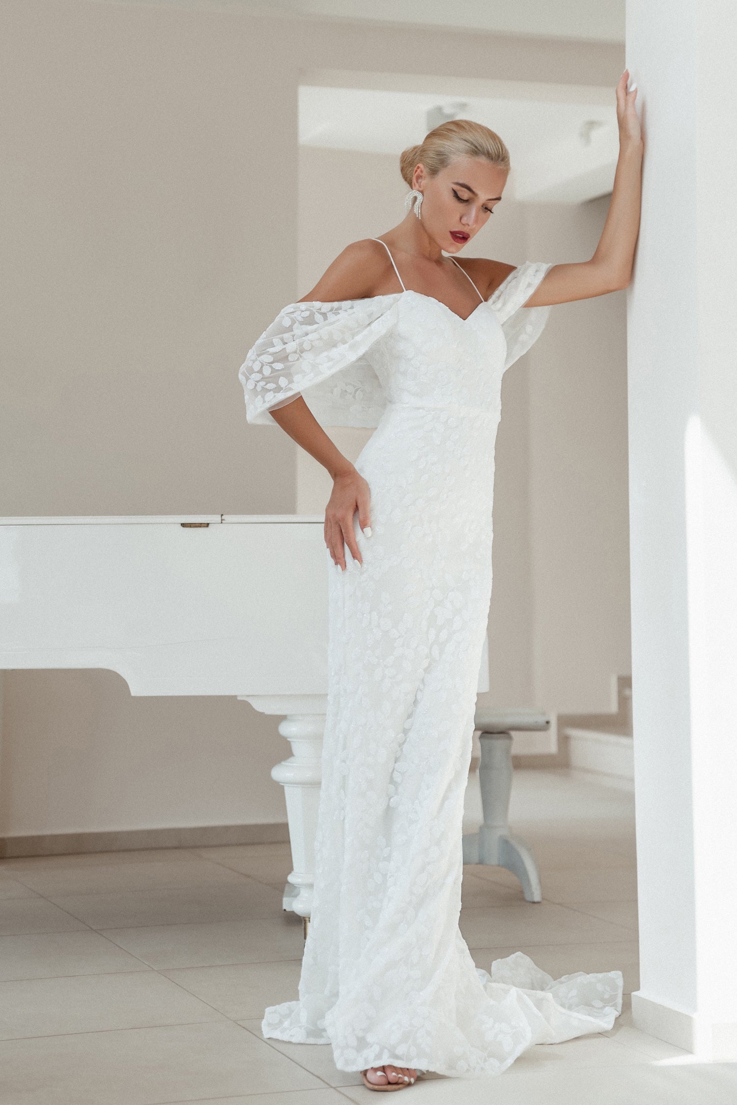 Tina Holly Couture BB018 White & White Sweetheart Neckline Sequin Maxi Slip With Side Split Wedding Dress