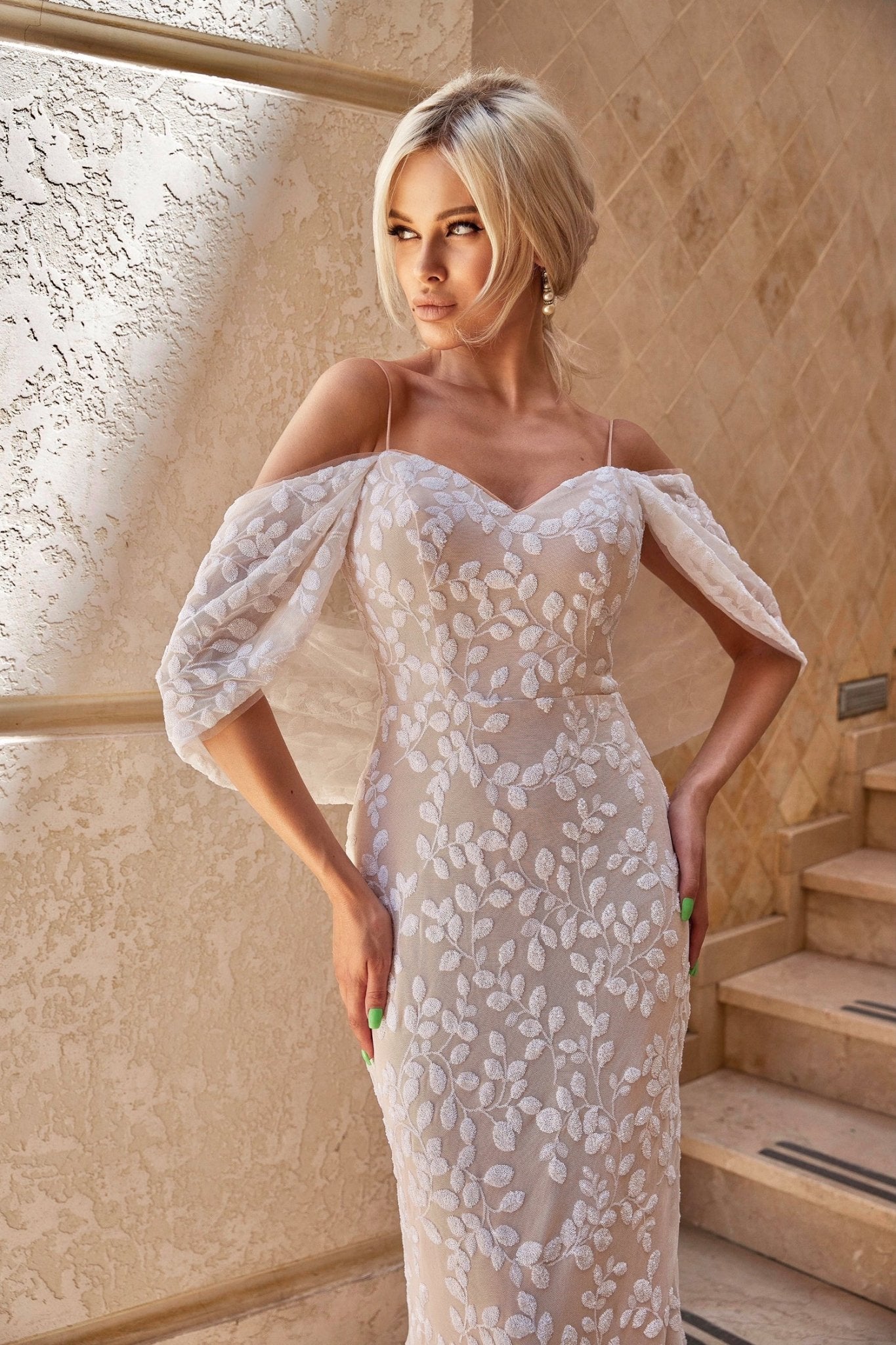 Tina Holly Couture BB018 White & Nude Sequin Maxi Slip Wedding Dress in Australia | One Honey Boutique