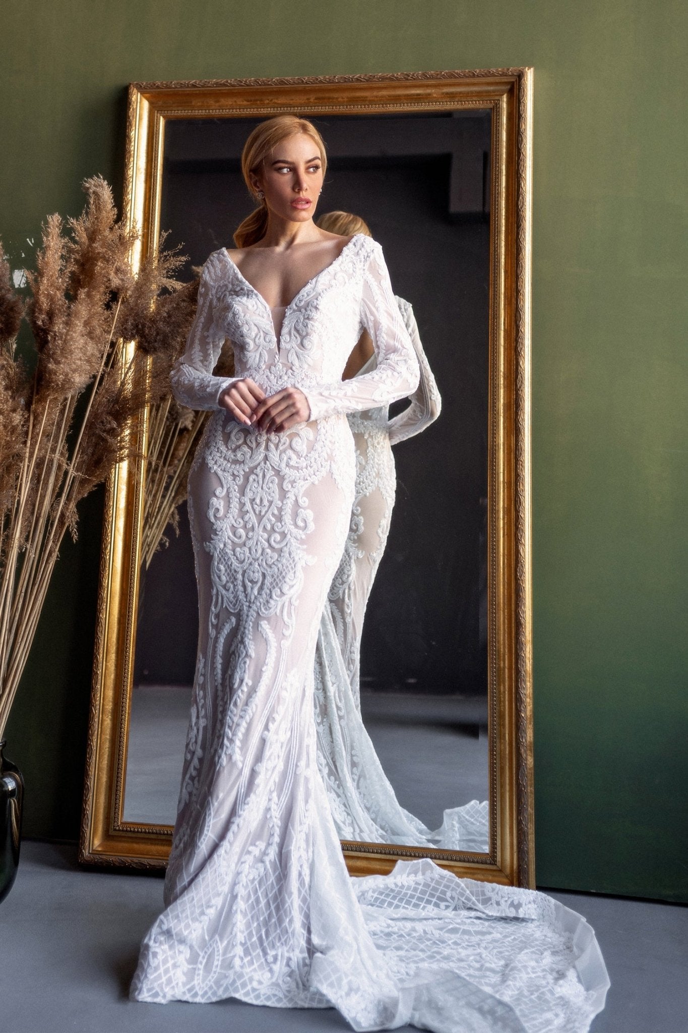 Tina Holly Couture BB021 White & Nude Long Sleeved Mermaid Fitted Sequin Wedding Dress in Australia | One Honey Boutique