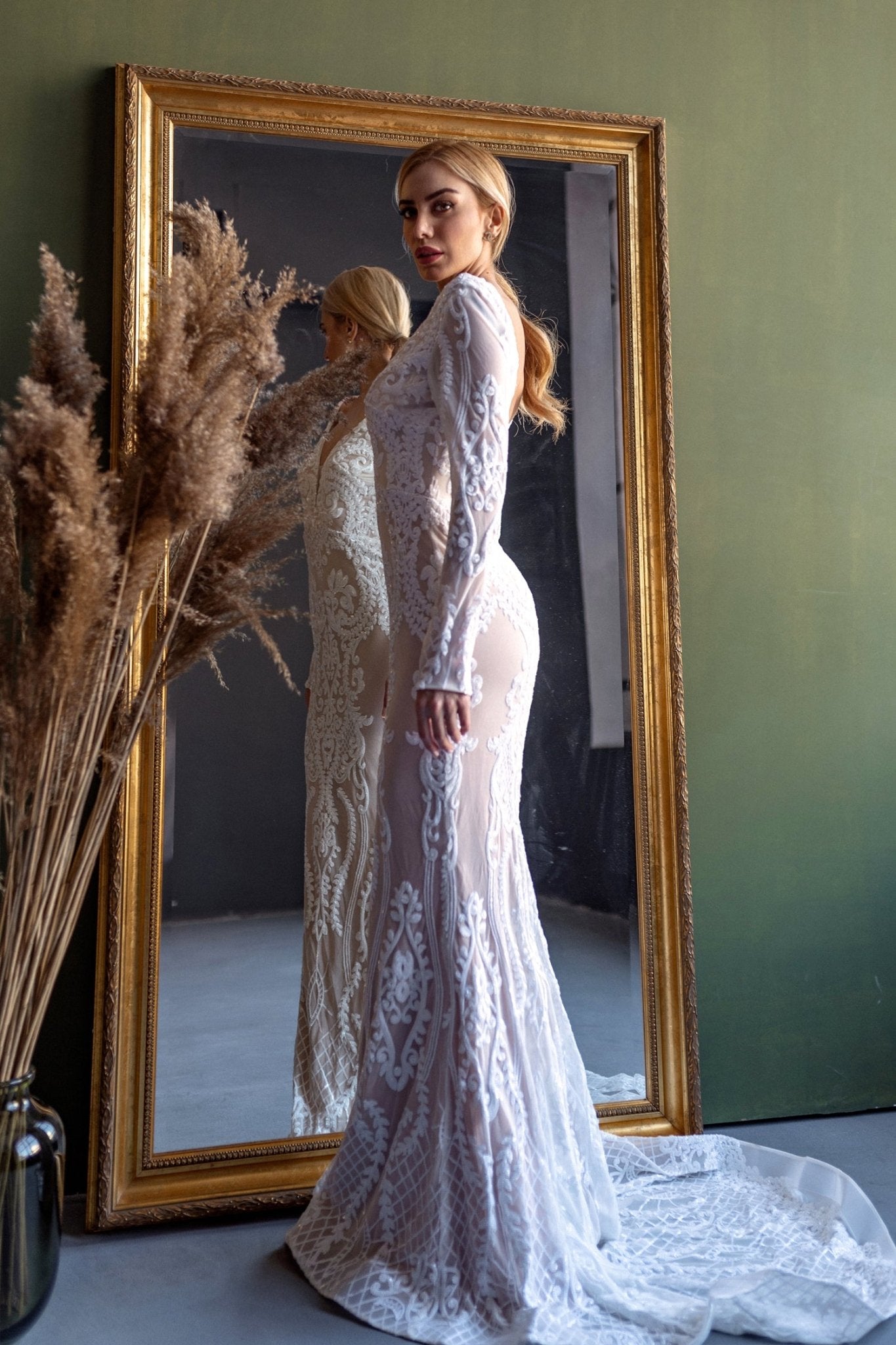 Tina Holly Couture BB021 White & Nude Long Sleeved Mermaid Fitted Sequin Wedding Dress in Australia | One Honey Boutique