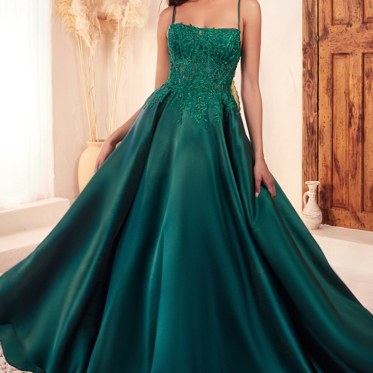 PURDIE Emerald Green Mikado Satin Lace A Line Ball Gown Prom & Formal PURDIE Emerald Green Mikado Satin Lace A Line Ball Gown Prom & Formal