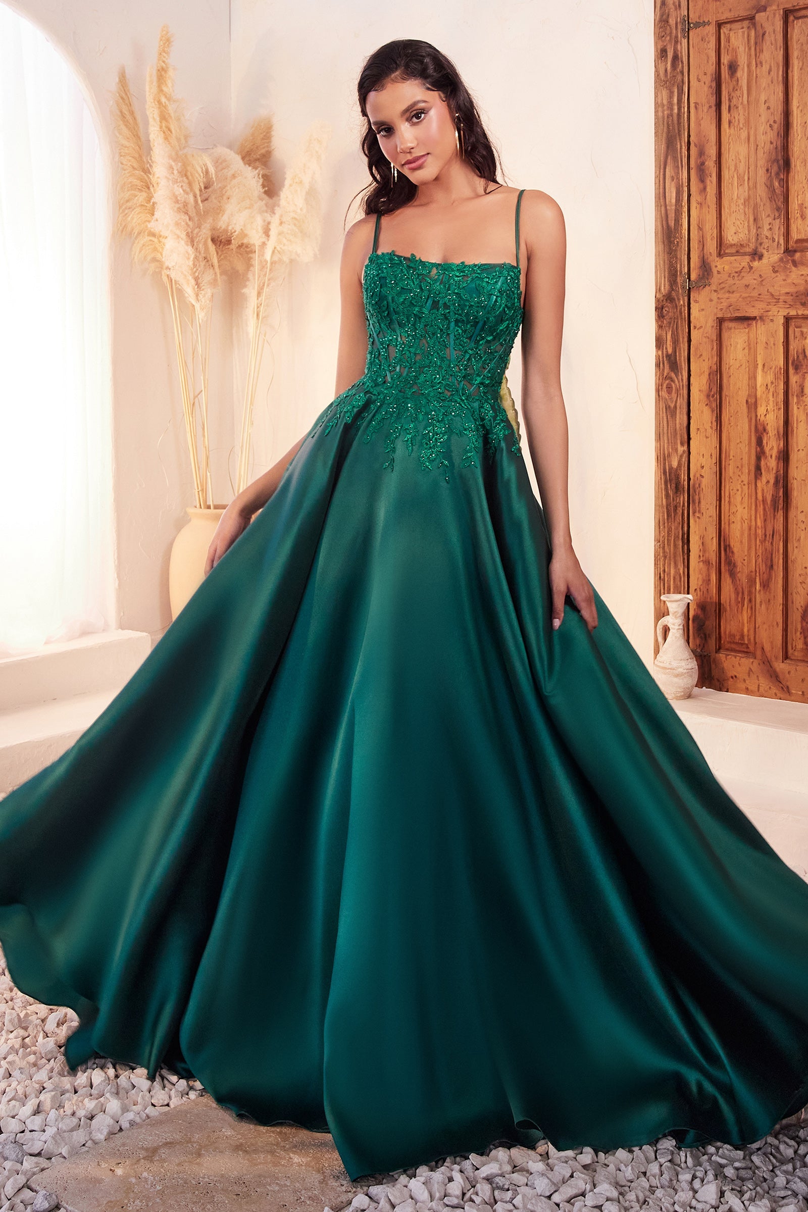 PURDIE Emerald Green Mikado Satin Lace A Line Ball Gown Prom & Formal Dress