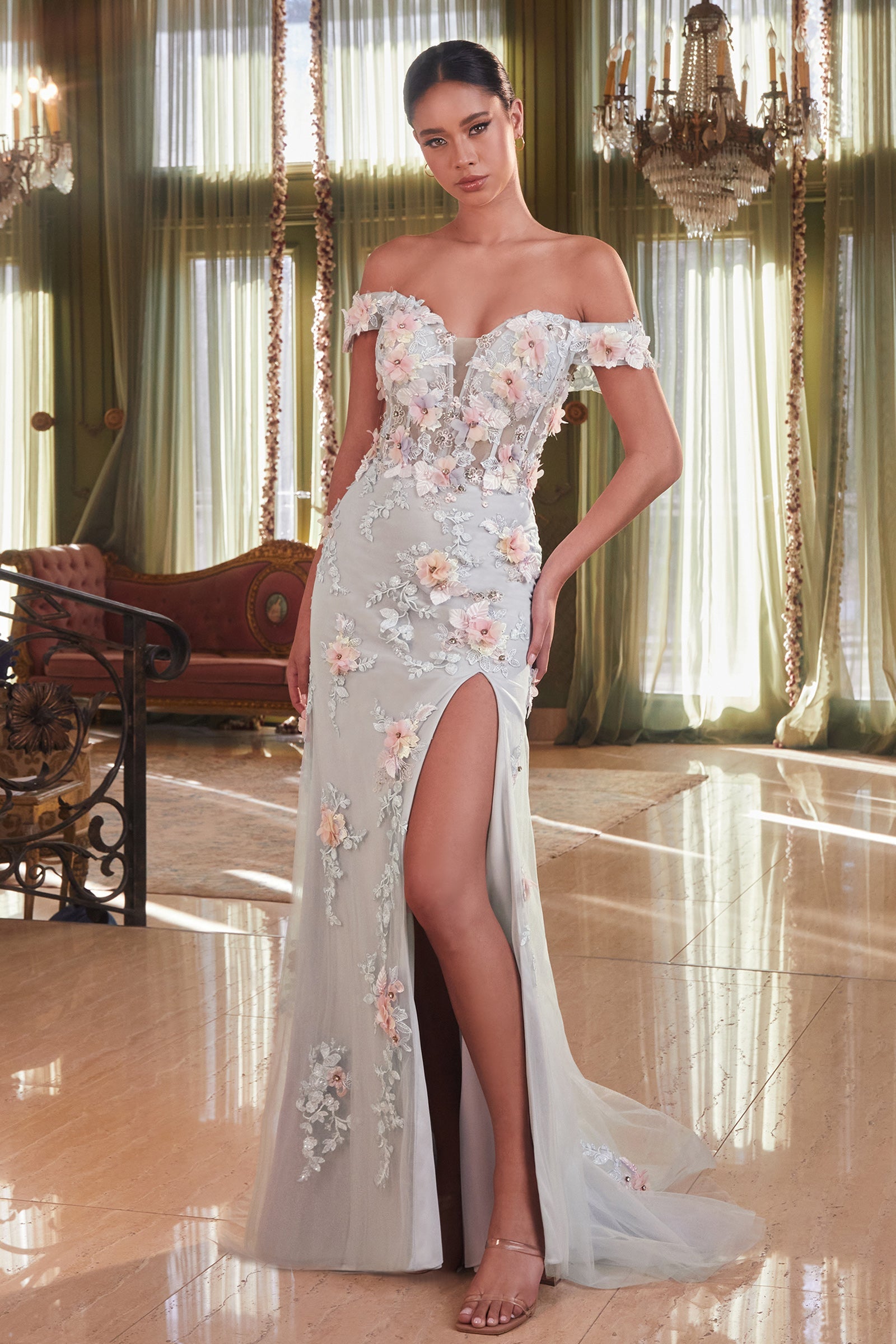 LUELLA Mist 3D Floral Applique Off Shoulder Mermaid Prom & Formal Dress