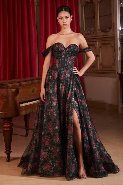 ROSALIND Floral Roses Off Shoulder Bustier Glam A Line Prom & Formal Dress Black / 12 USA