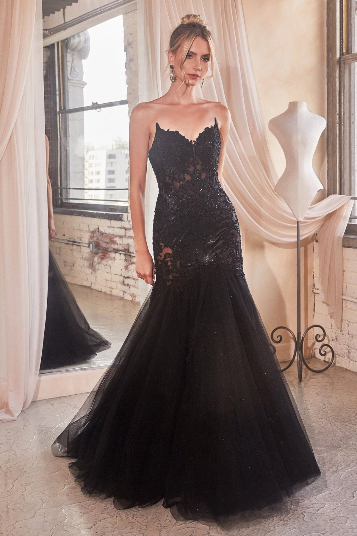 THALIA Lace & Tulle Strapless Trumpet Mermaid Prom & Formal Dress Black / 6 USA