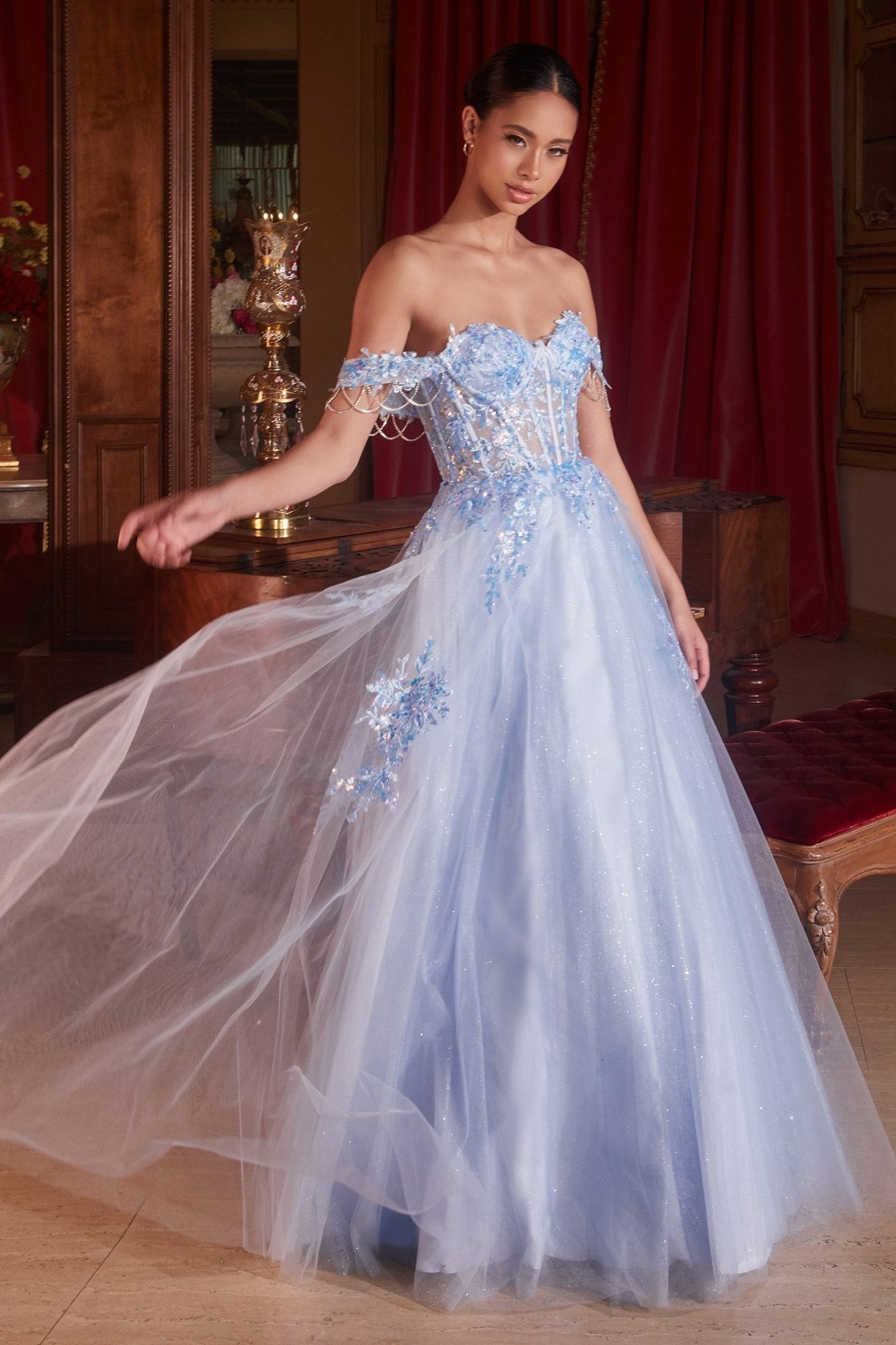 NEVAH Baby Blue Corset Beaded Diamante Feature A Line Prom Gown in Australia | One Honey Boutique