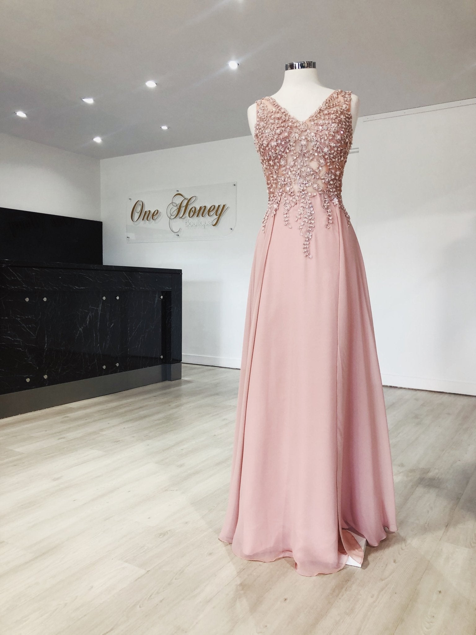 Honey Couture ALICIA Lace Beaded Applique Bodice Chiffon Skirt Formal Dress in Australia | One Honey Boutique