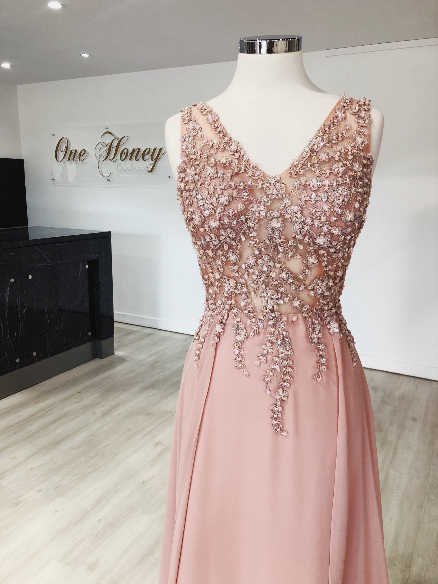 Honey Couture ALICIA Lace Beaded Applique Bodice Chiffon Skirt Formal Dress in Australia | One Honey Boutique