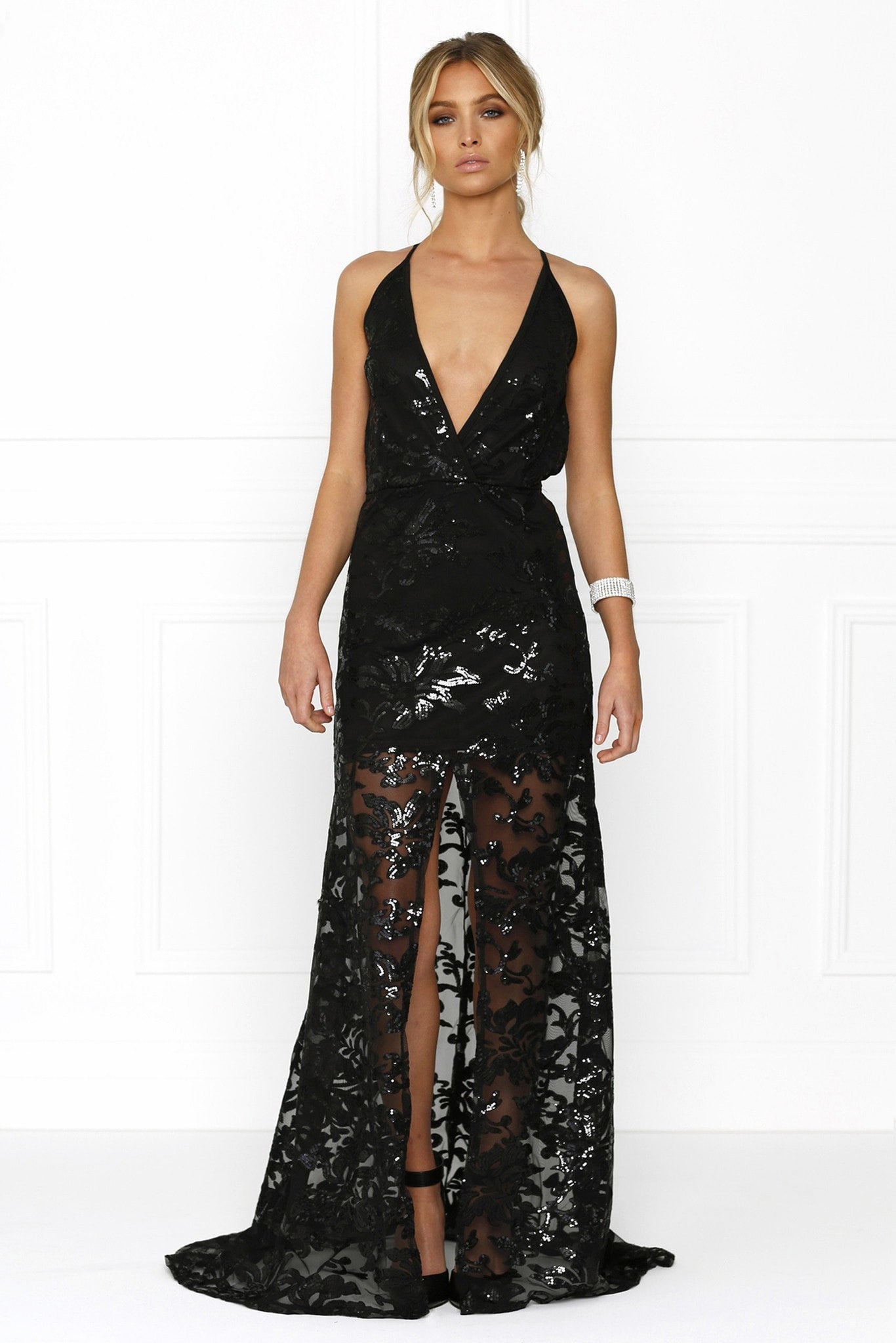 Honey Couture RENAE Black Sheer Lined Floral Print w Split Evening Gown Dress Honey Couture$ AfterPay Humm ZipPay LayBuy Sezzle