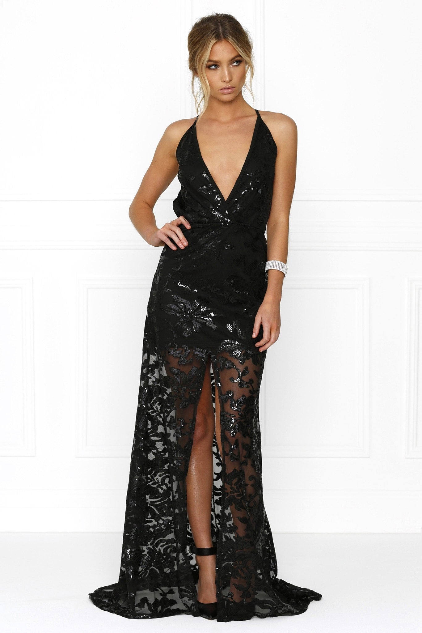 Honey Couture RENAE Black Sheer Lined Floral Print w Split Evening Gown Dress Honey Couture$ AfterPay Humm ZipPay LayBuy Sezzle