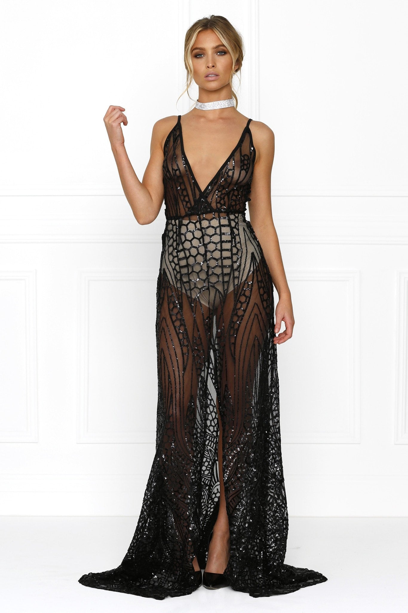 Honey Couture SIENA Black Sheer Sequin w Split Evening Gown Dress Honey Couture$ AfterPay Humm ZipPay LayBuy Sezzle