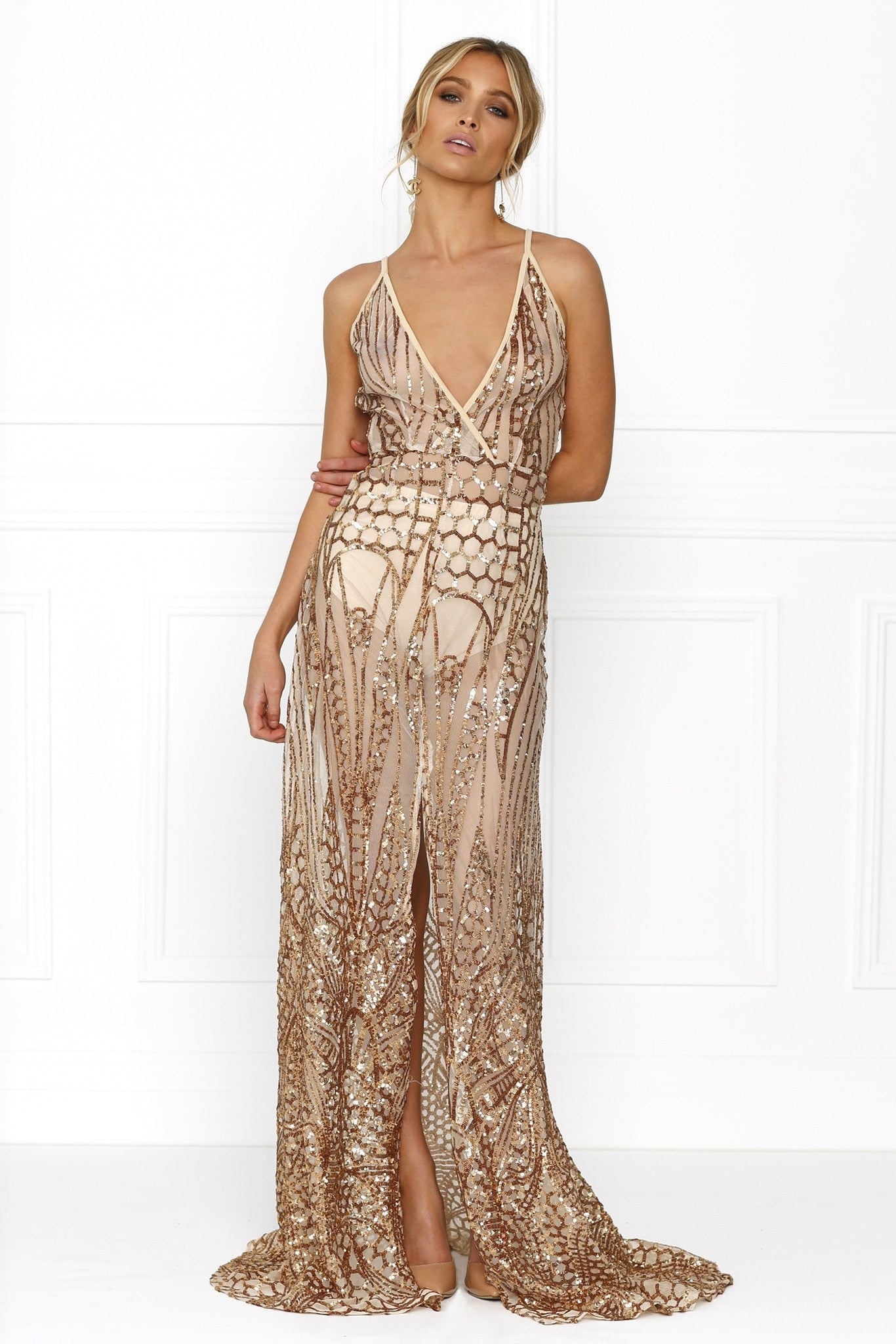 Honey Couture SIENA Rose Gold Sheer Sequin w Split Evening Gown Dress Honey Couture$ AfterPay Humm ZipPay LayBuy Sezzle