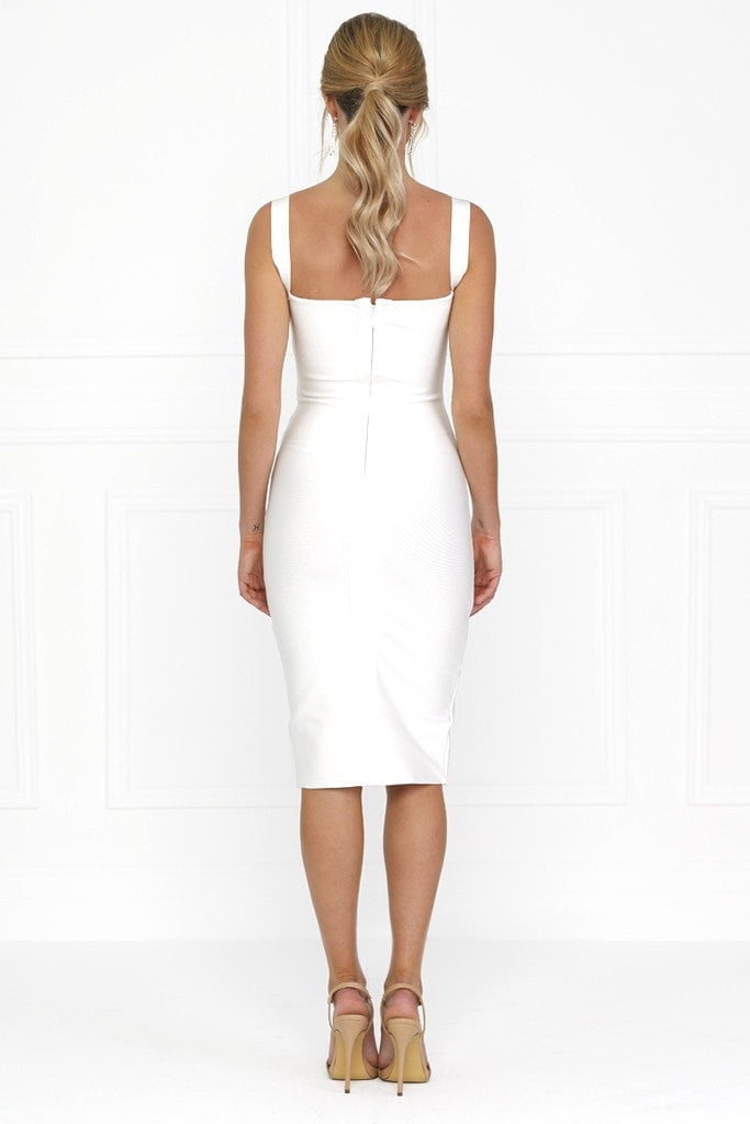 Honey Couture SONIA White Thick Strap w V Midi Bandage Dress Honey Couture$ AfterPay Humm ZipPay LayBuy Sezzle