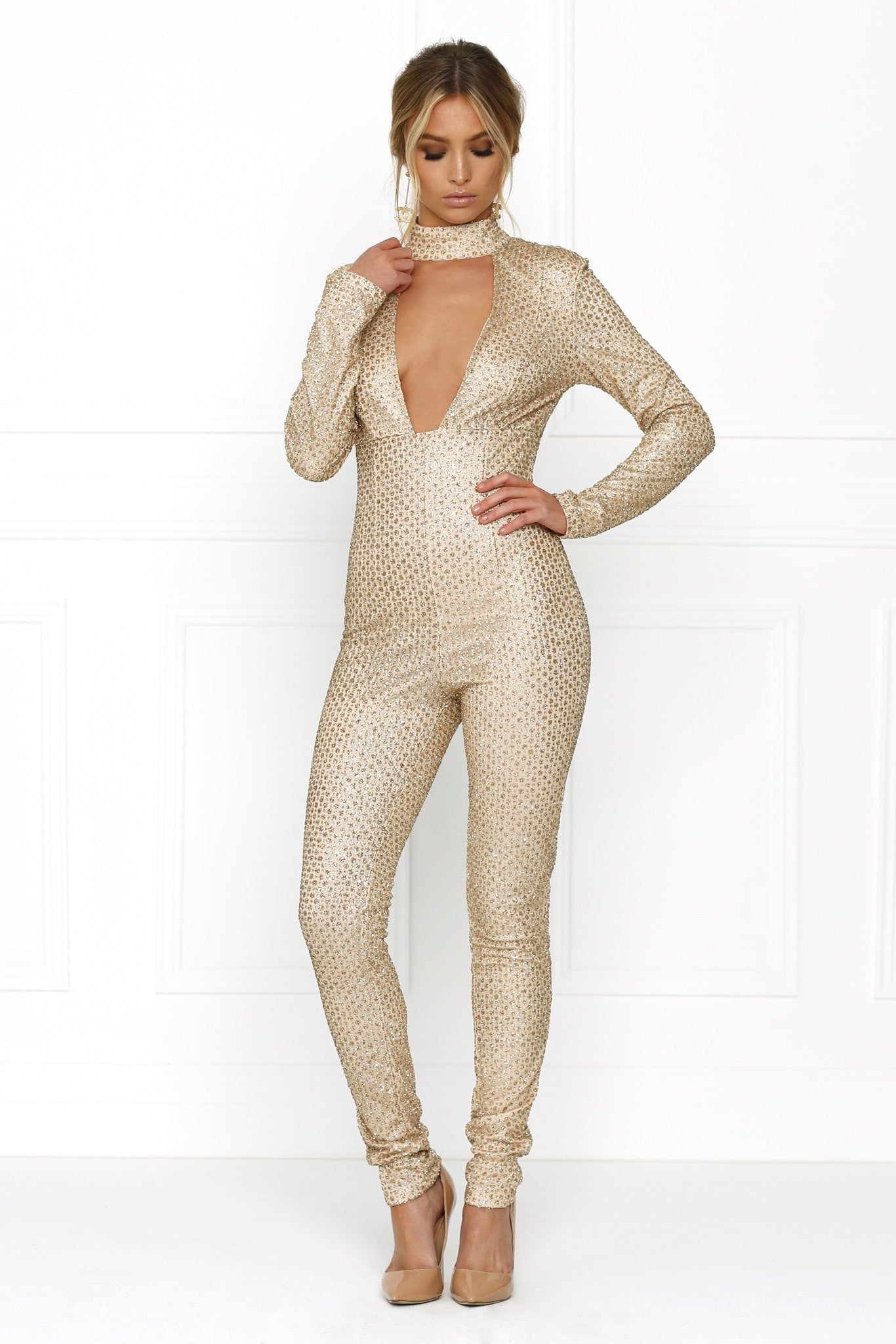 Honey Couture GLITA Gold Deep V Front Jumpsuit Honey Couture$ AfterPay Humm ZipPay LayBuy Sezzle