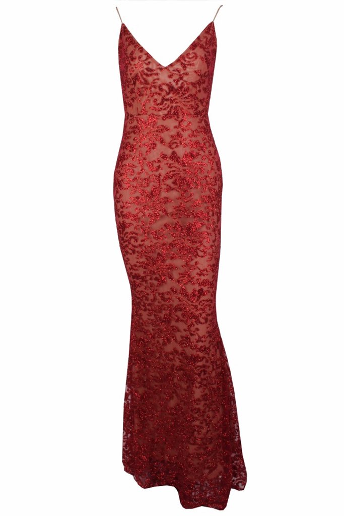 Honey Couture GRETA Red Lace &amp; Glitter Overlay Mermaid Formal Gown Dress Honey Couture$ AfterPay Humm ZipPay LayBuy Sezzle