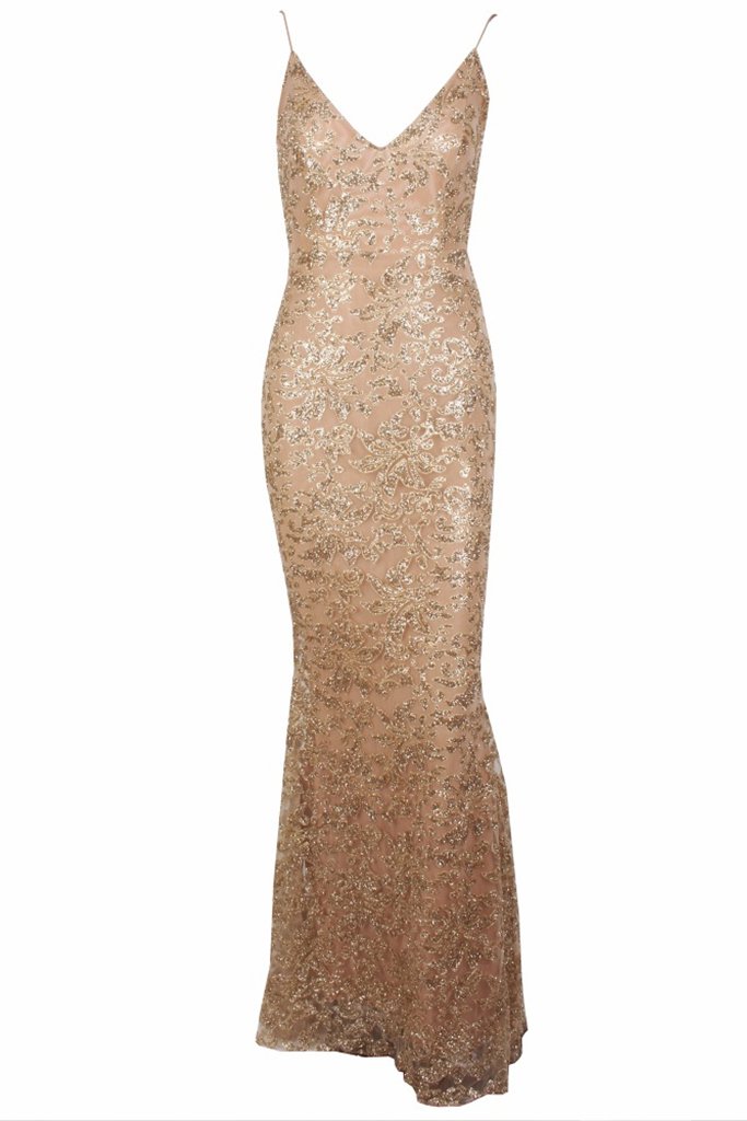 Honey Couture GRETA Gold Lace & Glitter Overlay Mermaid Formal Dress