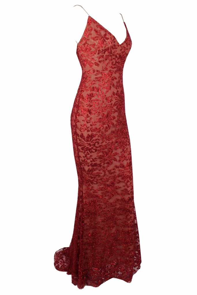 Honey Couture GRETA Red Lace &amp; Glitter Overlay Mermaid Formal Gown Dress Honey Couture$ AfterPay Humm ZipPay LayBuy Sezzle