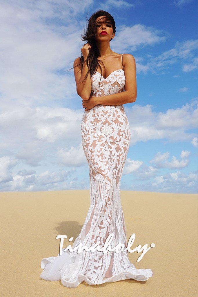 Tinaholy Couture T17101 White Nude Sequin Thin Strap Gown Tina Holly Couture$ AfterPay Humm ZipPay LayBuy Sezzle