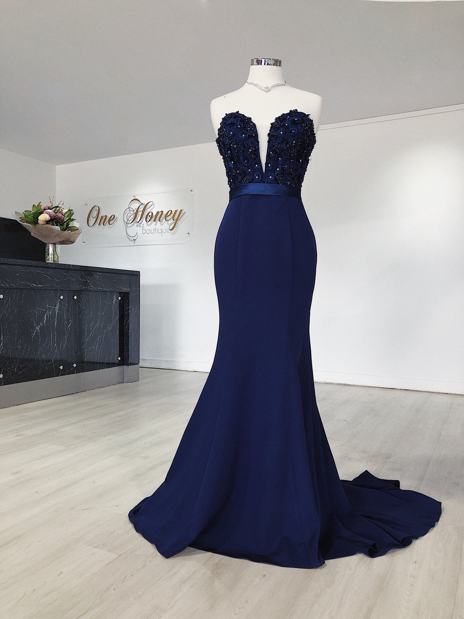 Honey Couture SERENA Blue Strapless Mermaid Formal Dress in Australia | One Honey Boutique