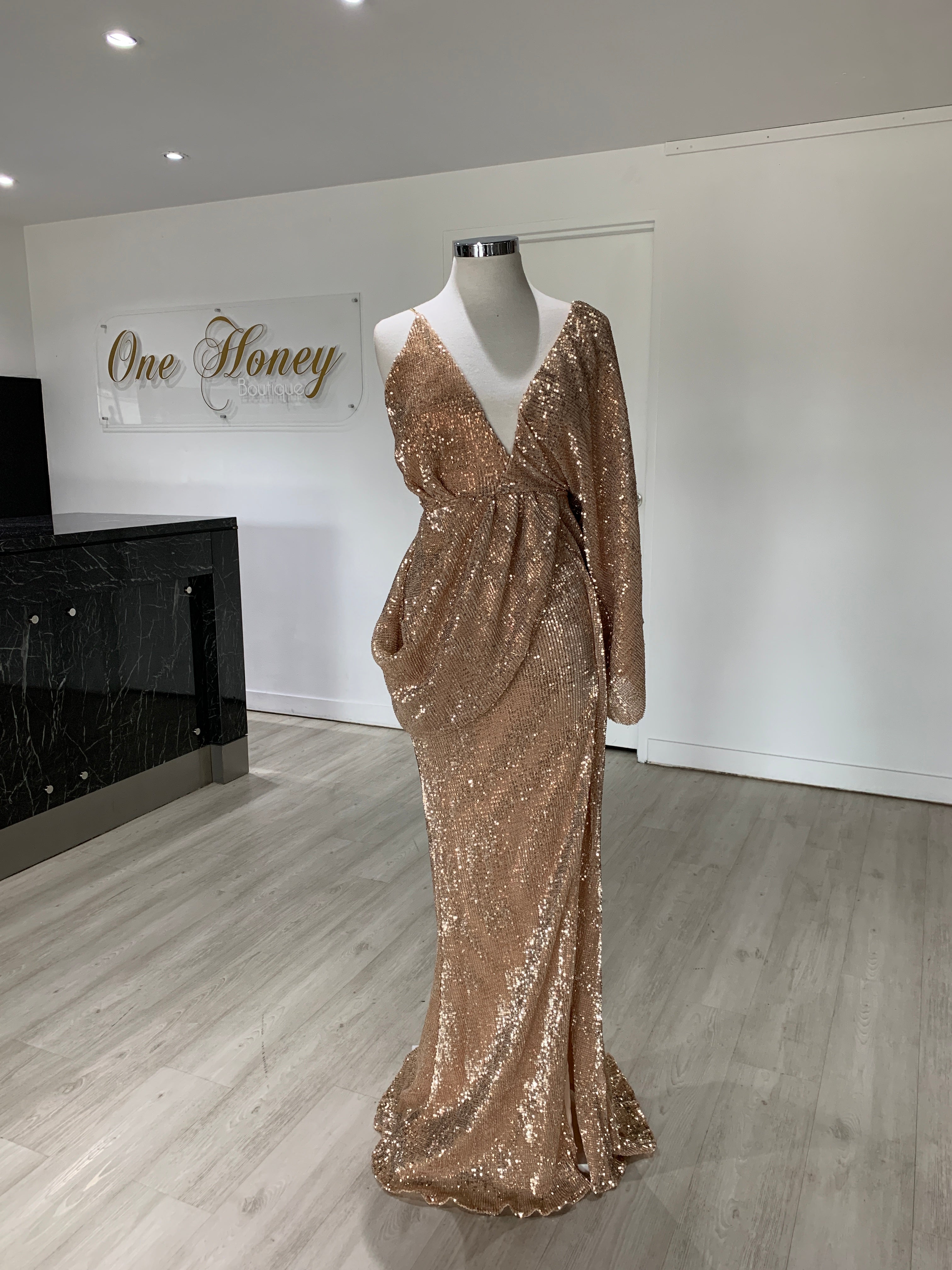 Honey Couture SHAKIRA Rose Gold One Sleeve Sequin Formal Dress {vendor} AfterPay Humm ZipPay LayBuy Sezzle