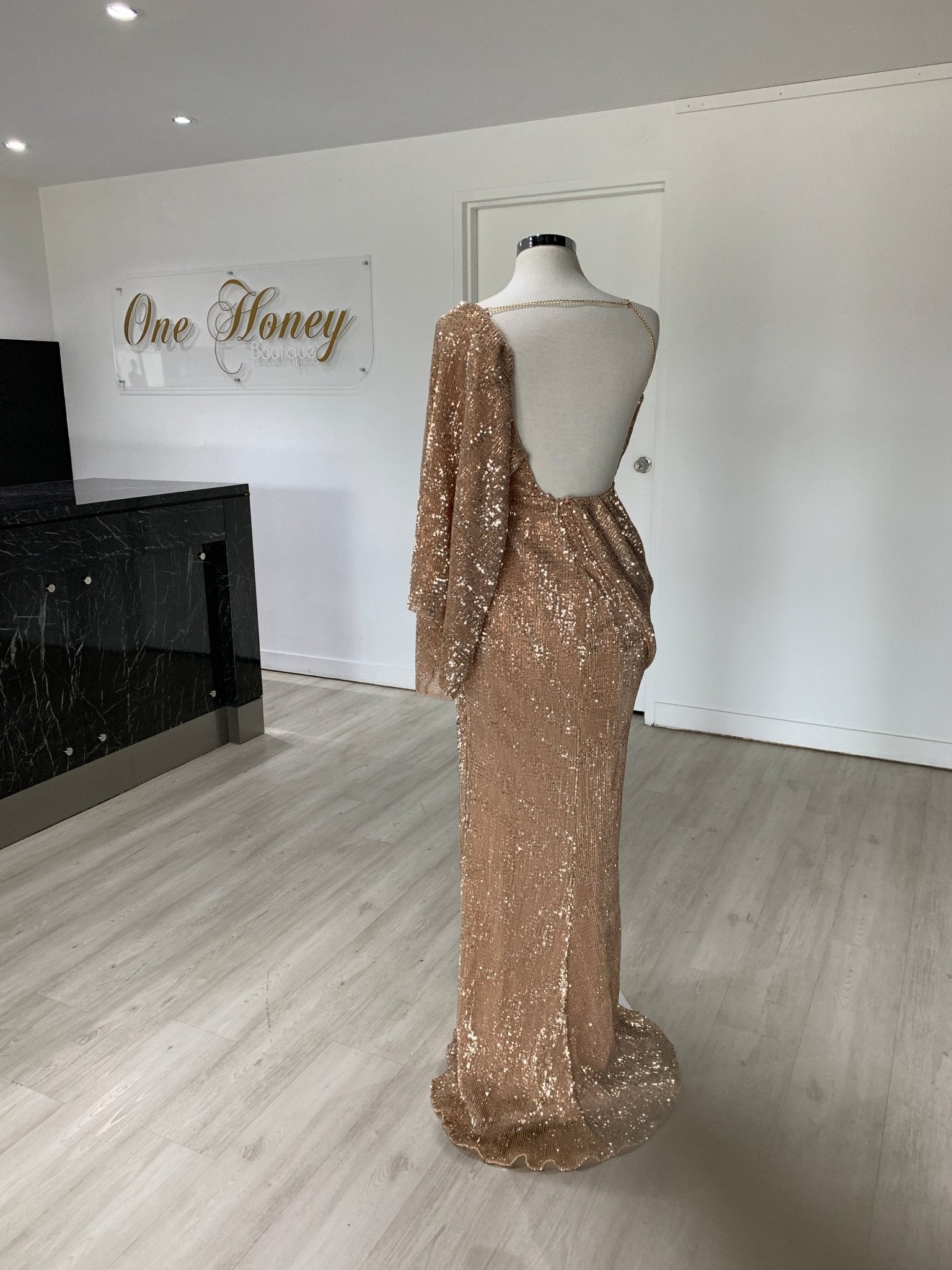 Honey Couture SHAKIRA Rose Gold One Sleeve Sequin Formal Dress in Australia | One Honey Boutique
