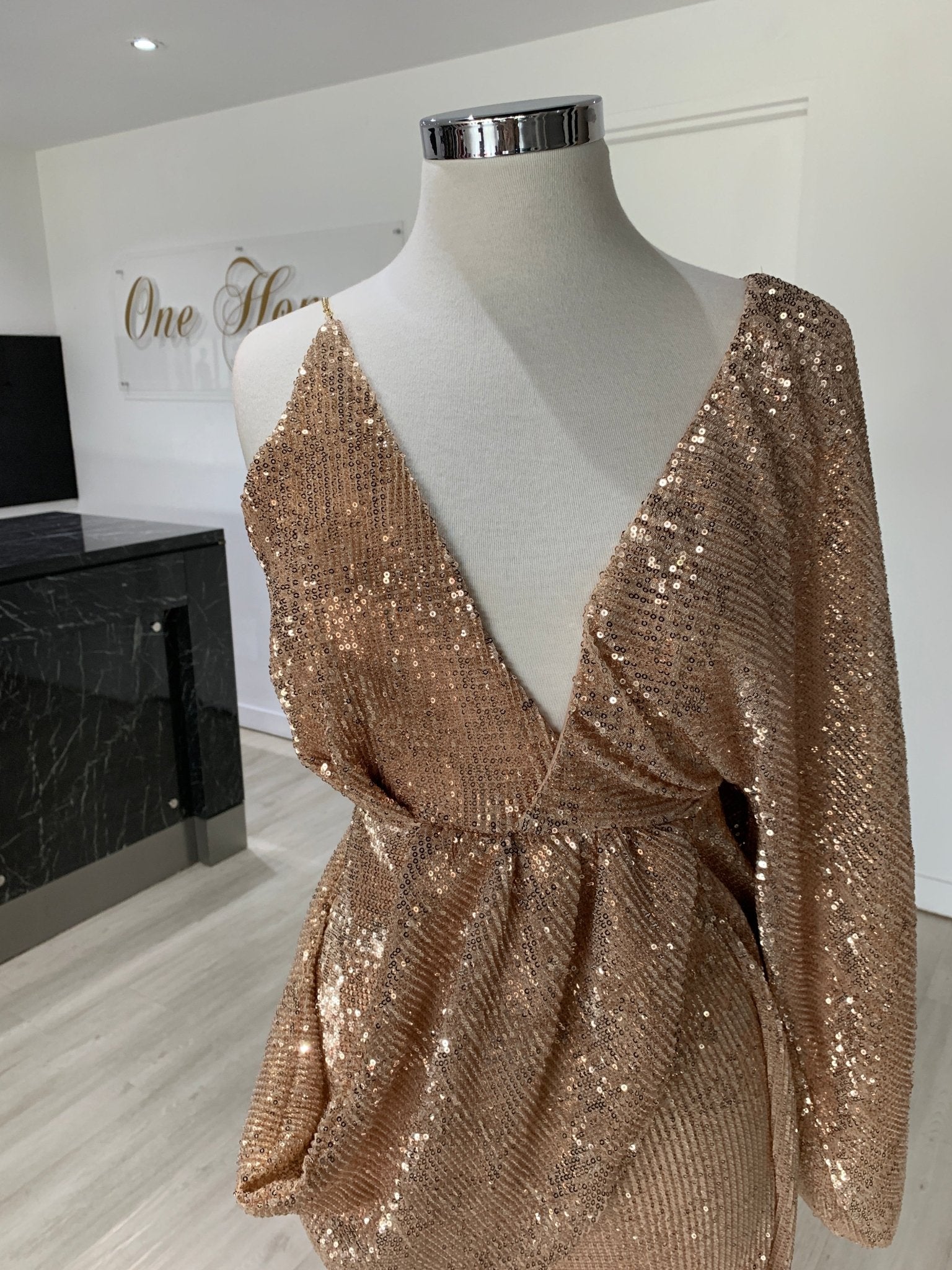 Honey Couture SHAKIRA Rose Gold One Sleeve Sequin Formal Dress in Australia | One Honey Boutique