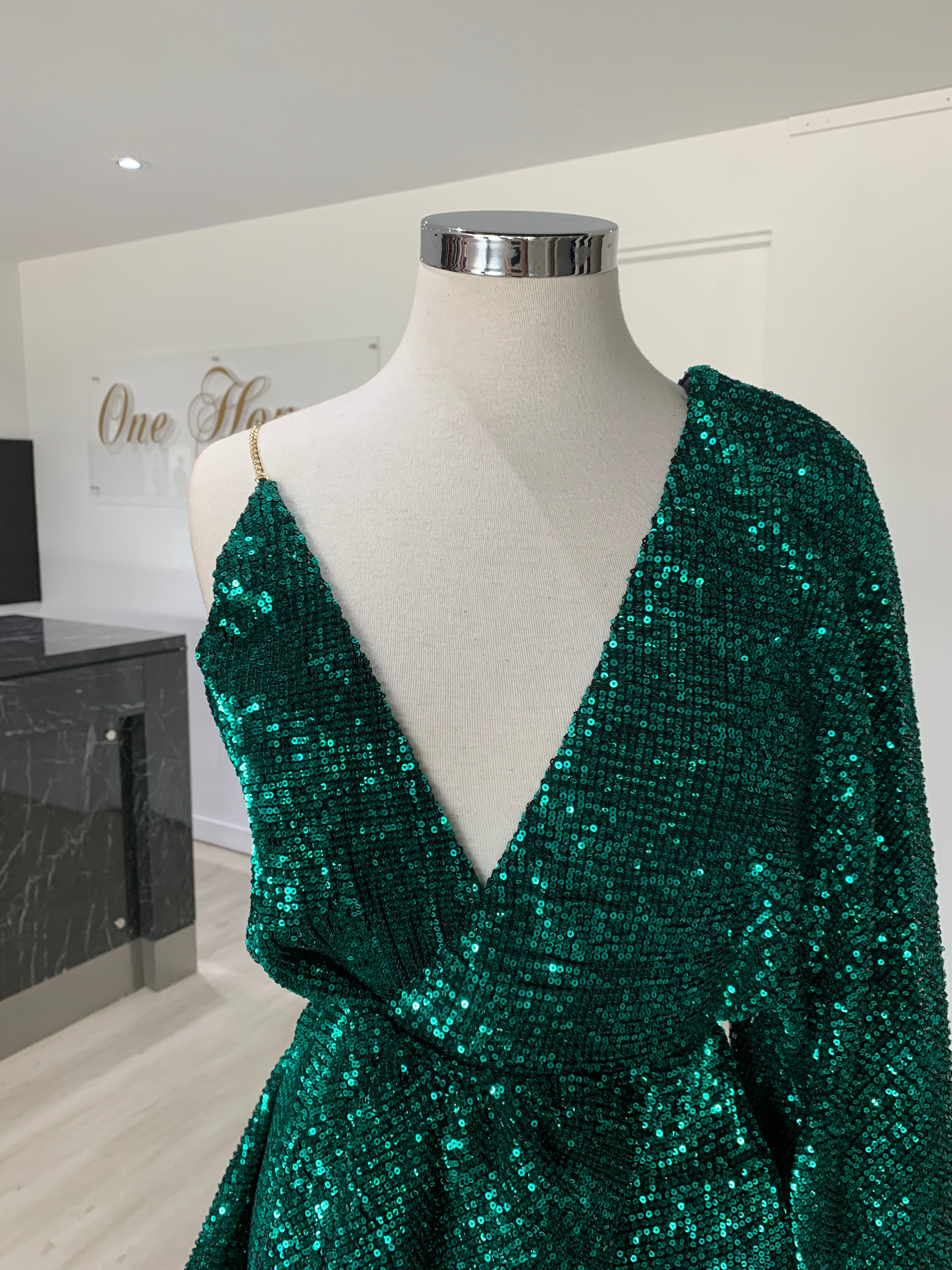 Honey Couture SHAKIRA Emerald Green One Sleeve Sequin Formal Dress {vendor} AfterPay Humm ZipPay LayBuy Sezzle