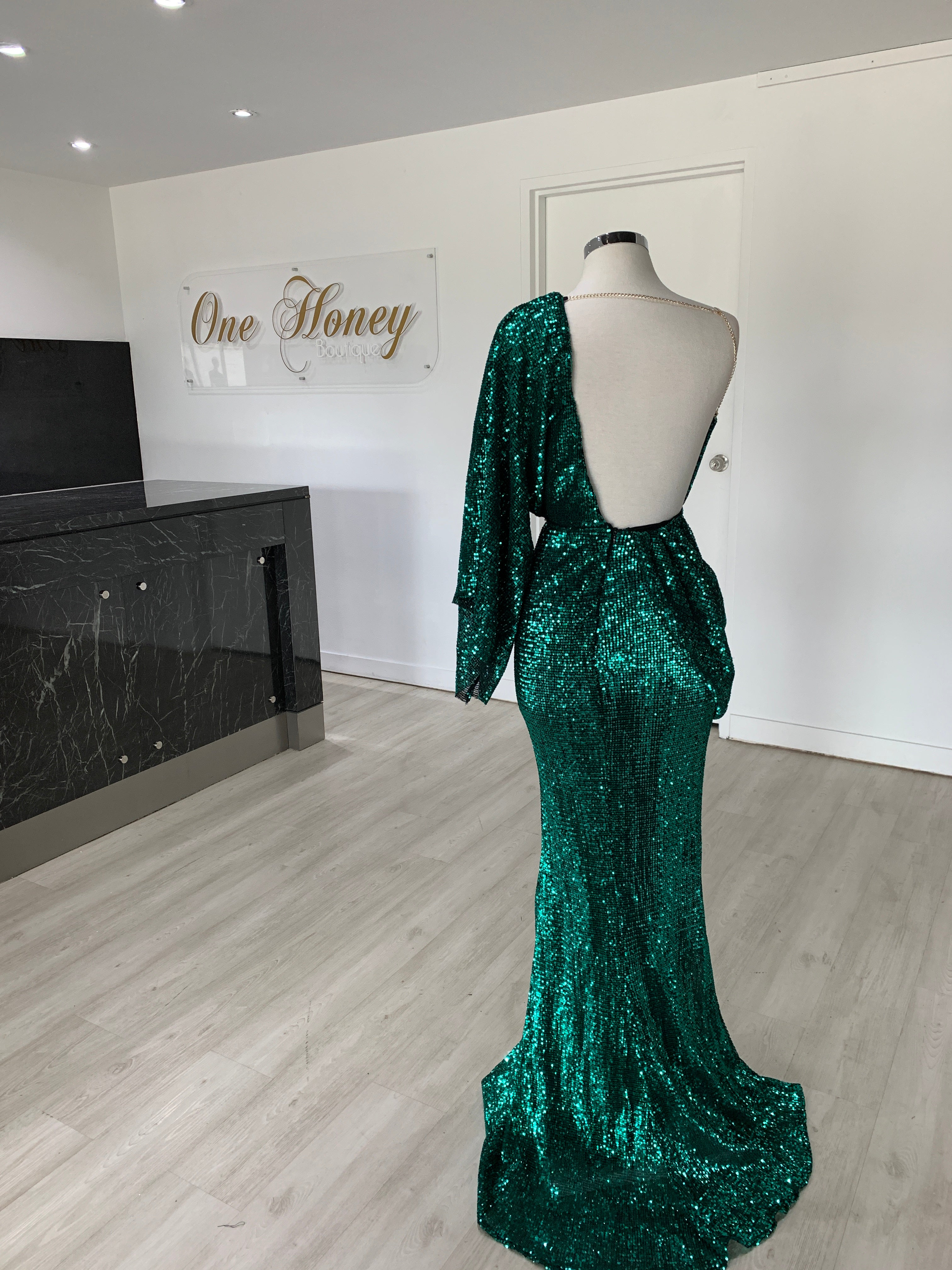 Honey Couture SHAKIRA Emerald Green One Sleeve Sequin Formal Dress {vendor} AfterPay Humm ZipPay LayBuy Sezzle