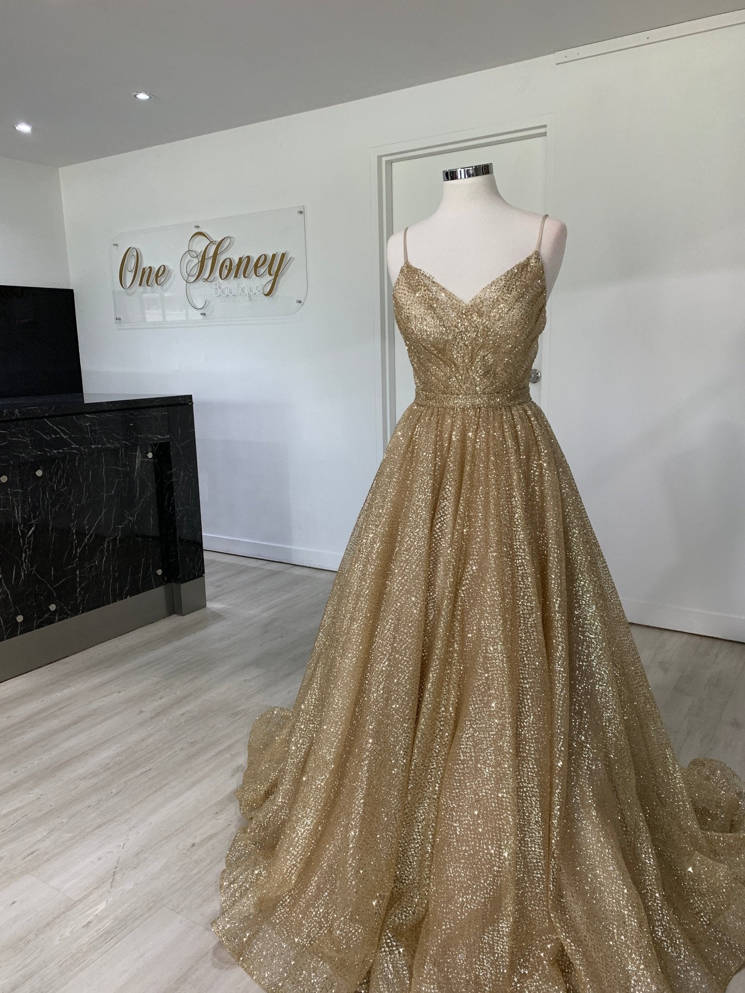 Honey Couture AVA Gold Glitter Sparkle Ball Gown Formal Dress in Australia | One Honey Boutique