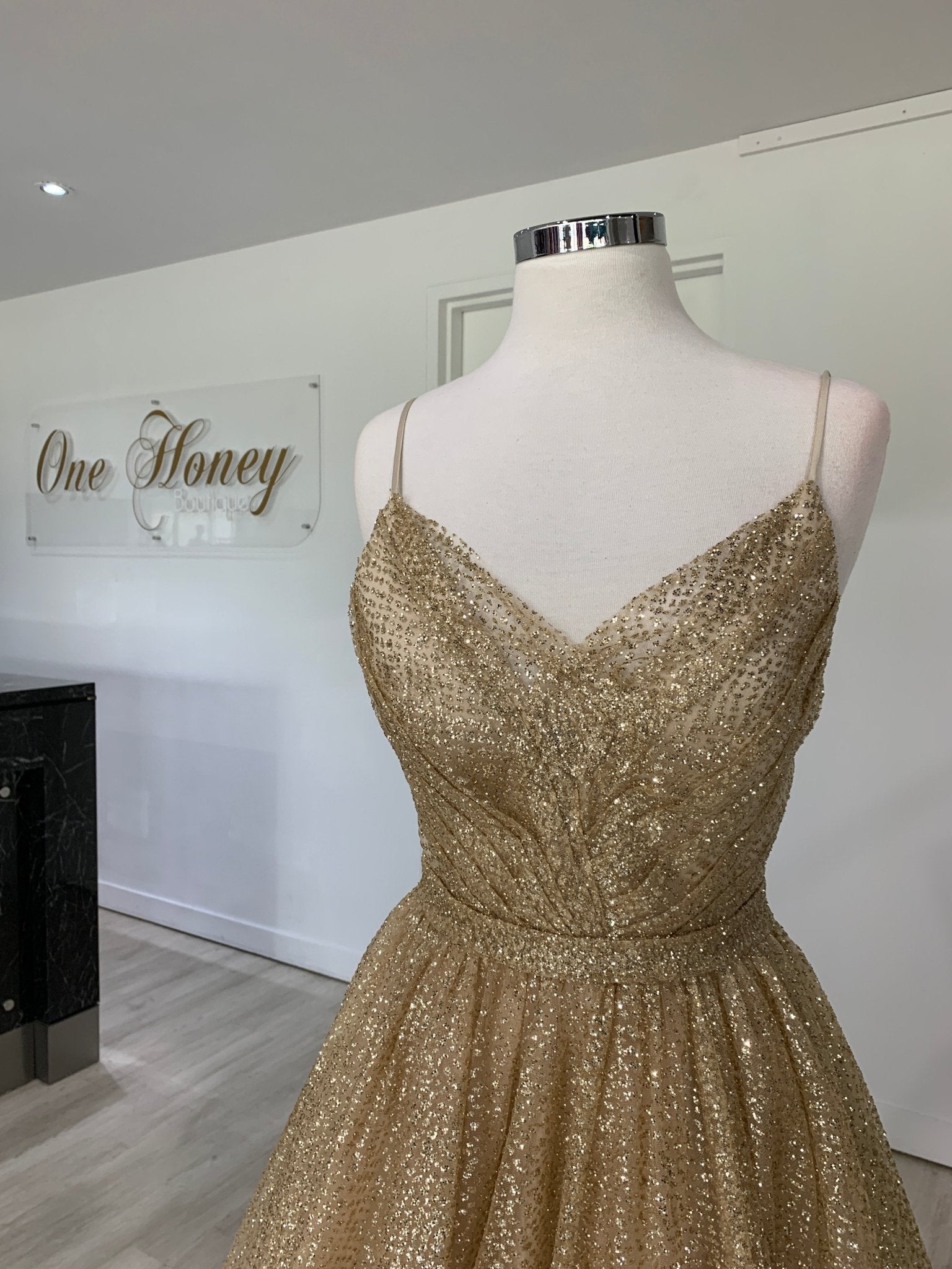 Honey Couture AVA Gold Glitter Sparkle Ball Gown Formal Dress in Australia | One Honey Boutique