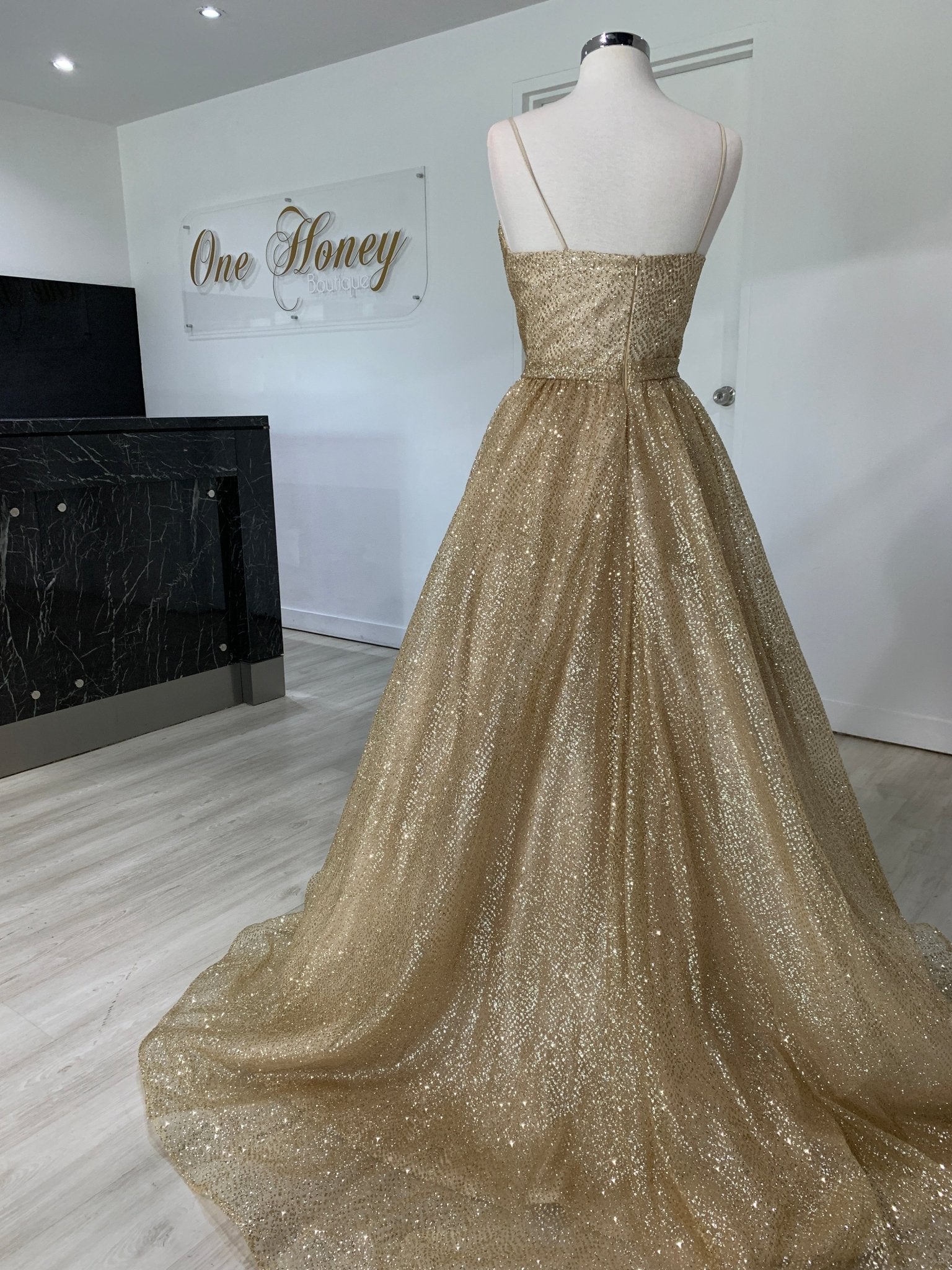 Honey Couture AVA Gold Glitter Sparkle Ball Gown Formal Dress in Australia | One Honey Boutique