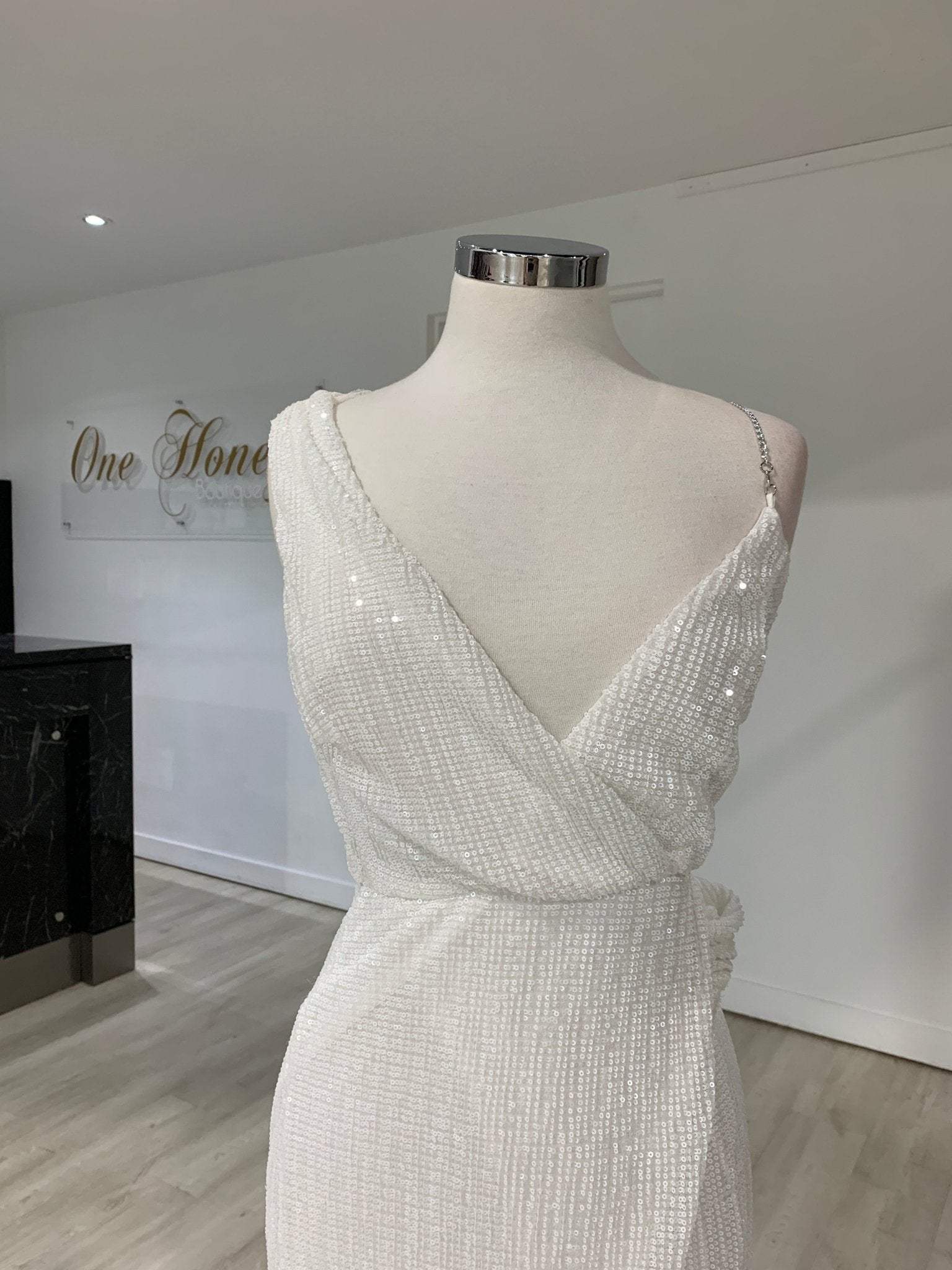 Honey Couture SHANIKA White One Sleeve Sequin Formal Dress in Australia | One Honey Boutique