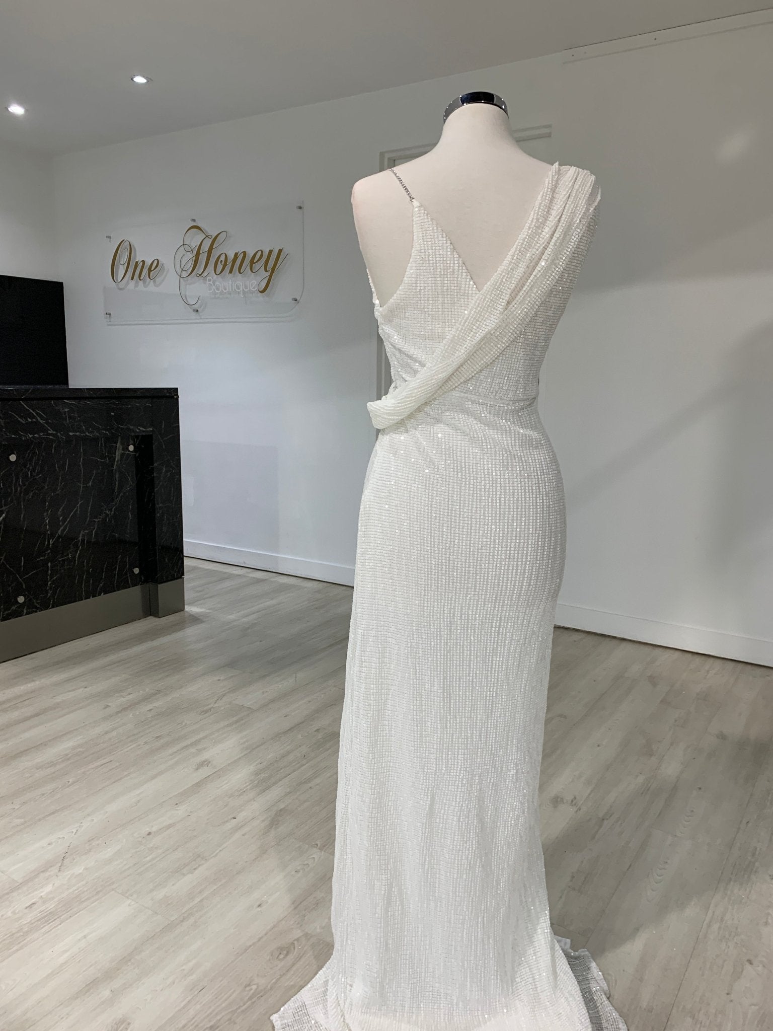 Honey Couture SHANIKA White One Sleeve Sequin Formal Dress in Australia | One Honey Boutique