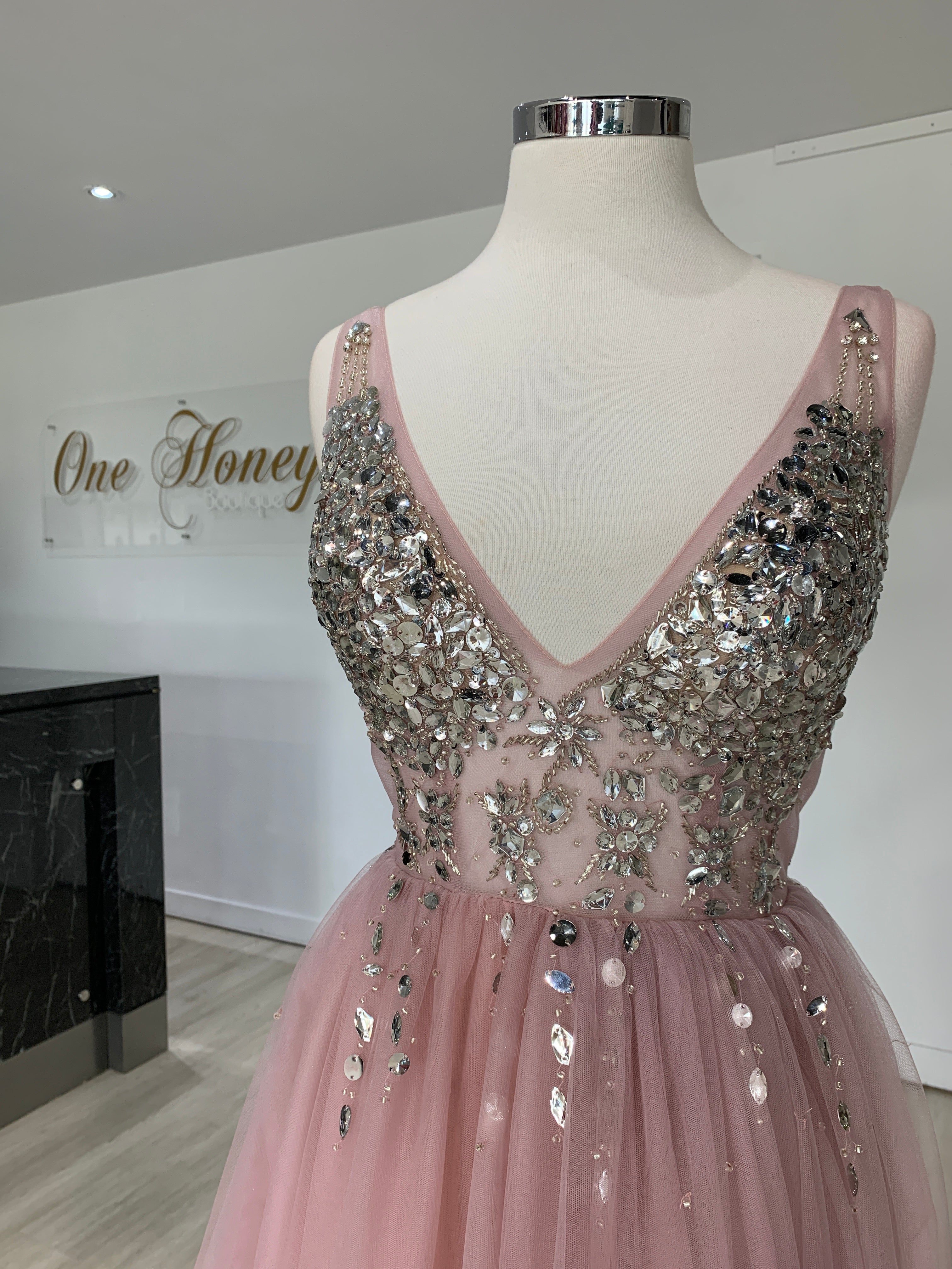 Honey Couture MELANIE Blush Pink Silver Crystals &amp; Tulle Formal Gown {vendor} AfterPay Humm ZipPay LayBuy Sezzle