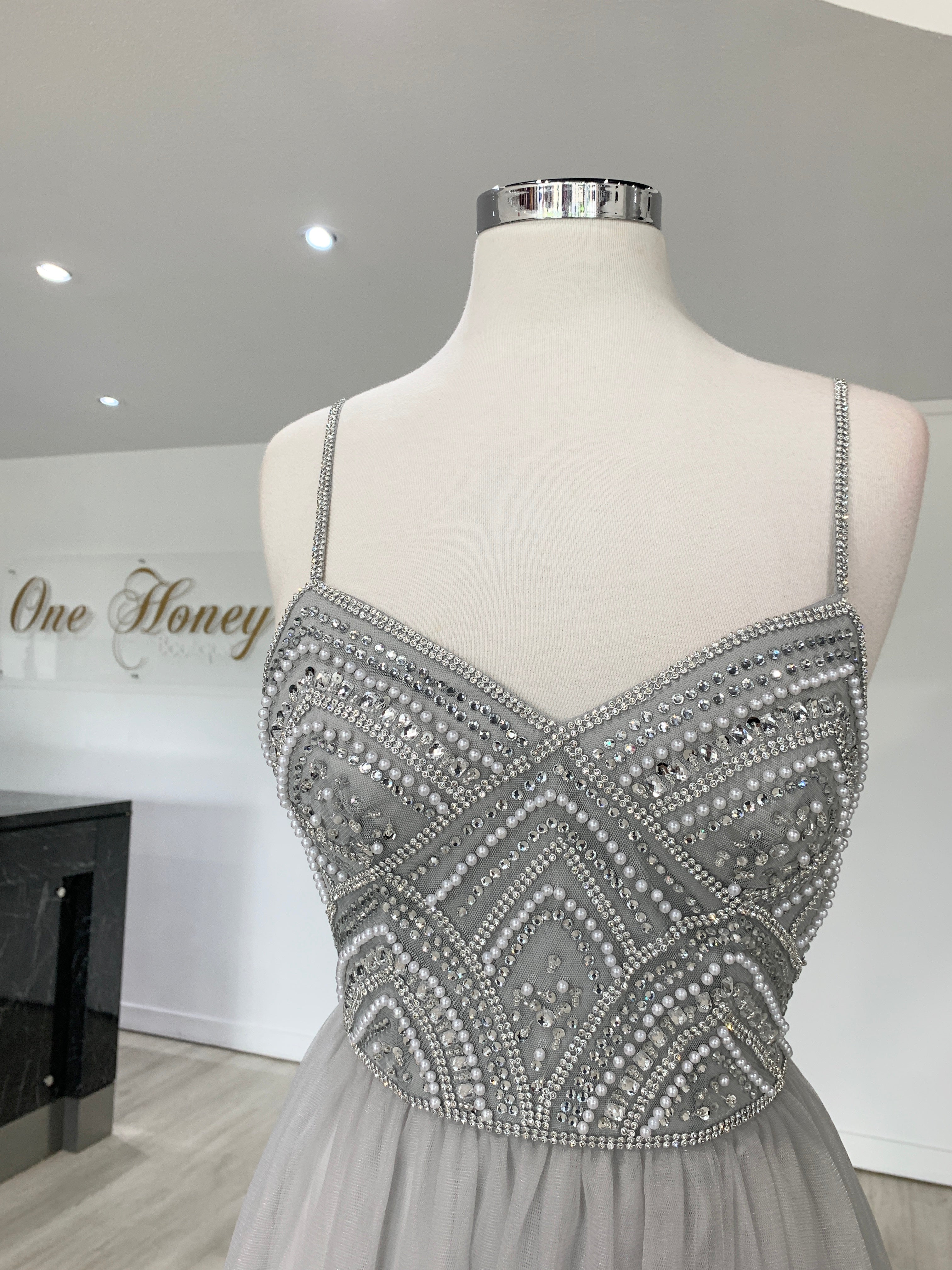 Honey Couture AINSLEY Grey Silver Crystal Beaded Tulle Formal Gown