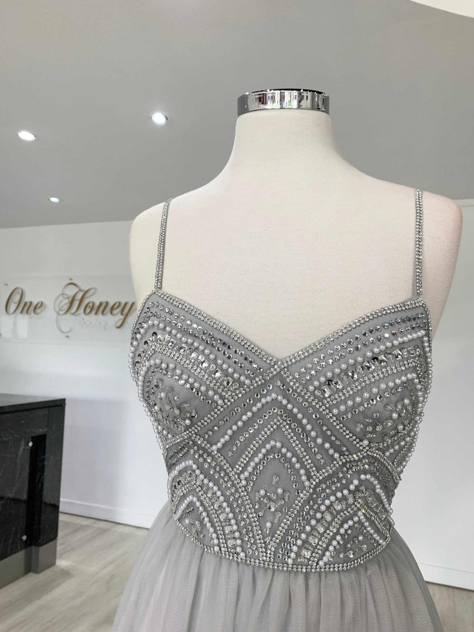 Honey Couture AINSLEY Grey Silver Crystal Beaded Tulle Formal Gown in Australia | One Honey Boutique